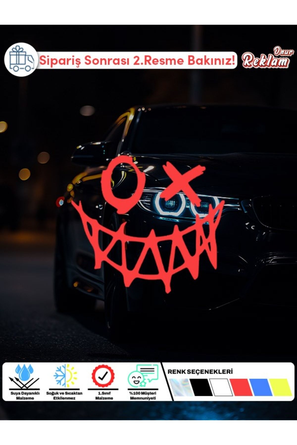 Onur Reklam Holografik Çarpı Gözlü Gülüş Sticker – Suya Dayanıklı Korku Temalı Araba Stickerı