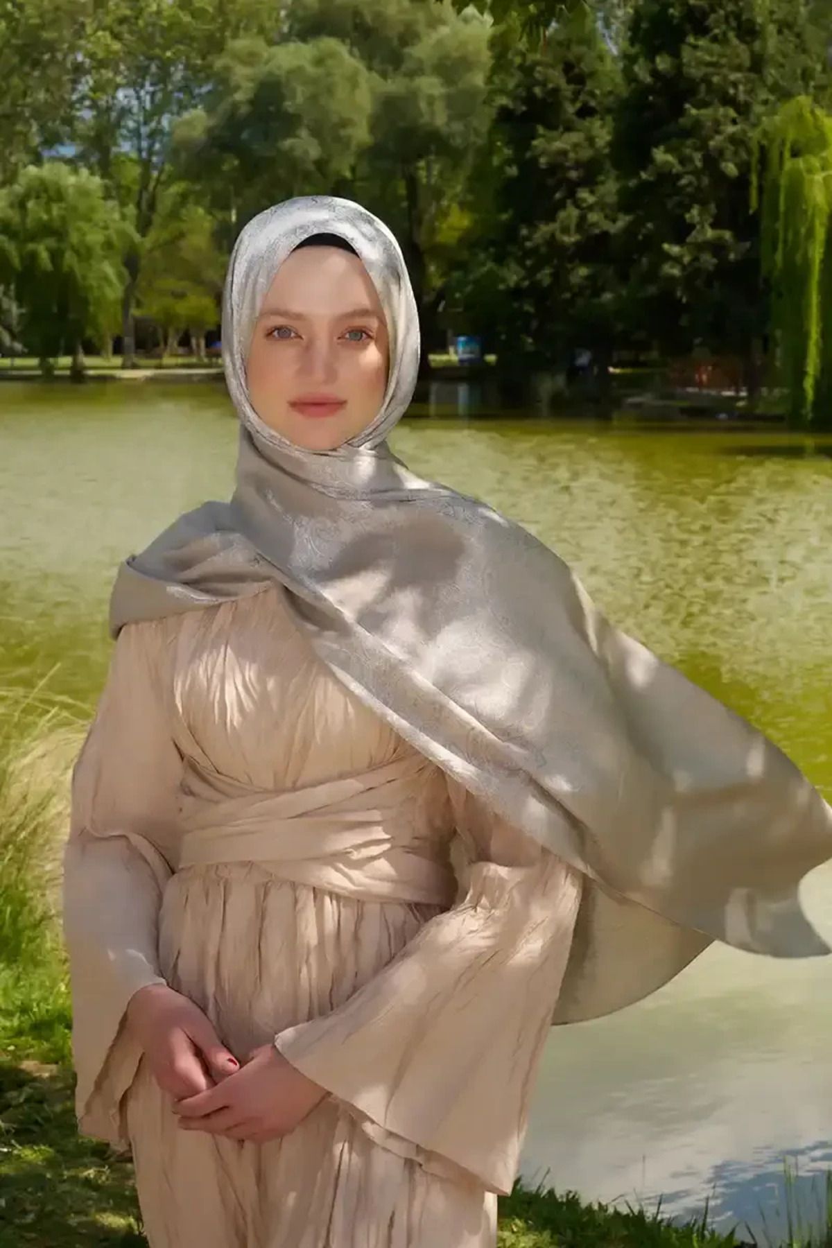 Madame Polo Elegance Etnik Desen Jakar Şal - Bej