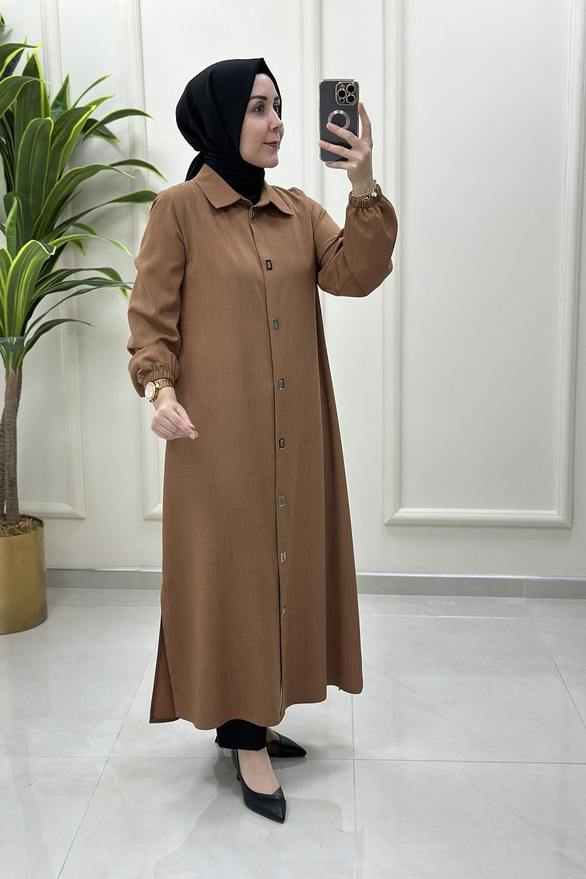 Keten Önü Çıtçıtlı Kolu Büzgülü Uzun Kadın Giyçık Tunik Taba QTN 4928