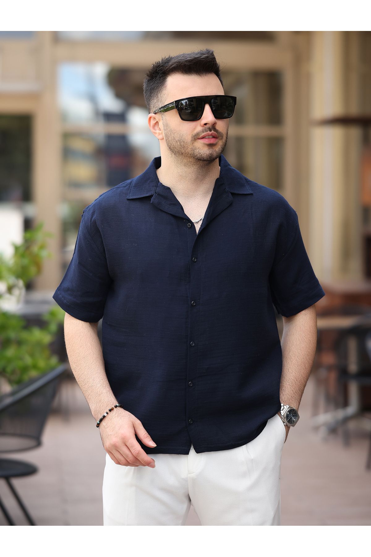 BASEL.CO Erkek Relax Fit Kısa Kollu Keten Gömlek