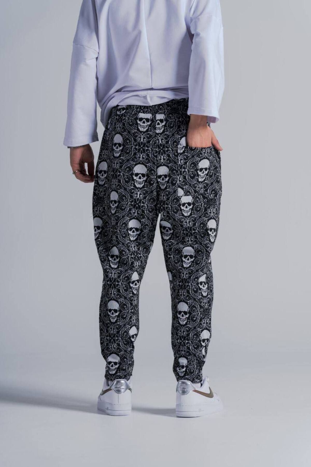 SUPERBLUE-Men's Patterned Black Baggy Trousers with Elastic Waist 4