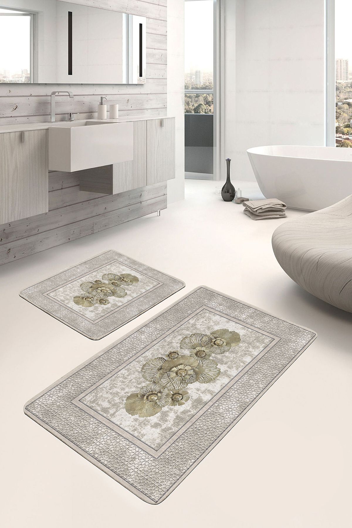 Realhomes Krem - Gold Zeminde Altık Çiçek Motifli Çerçeve Vintage Sade & Şık 2'li Banyo & Mutfak Paspas Takımı