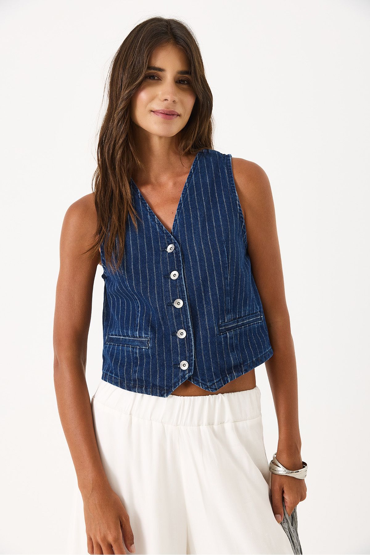 VENA-Striped Dark Blue Jean Vest - Dark Blue 5