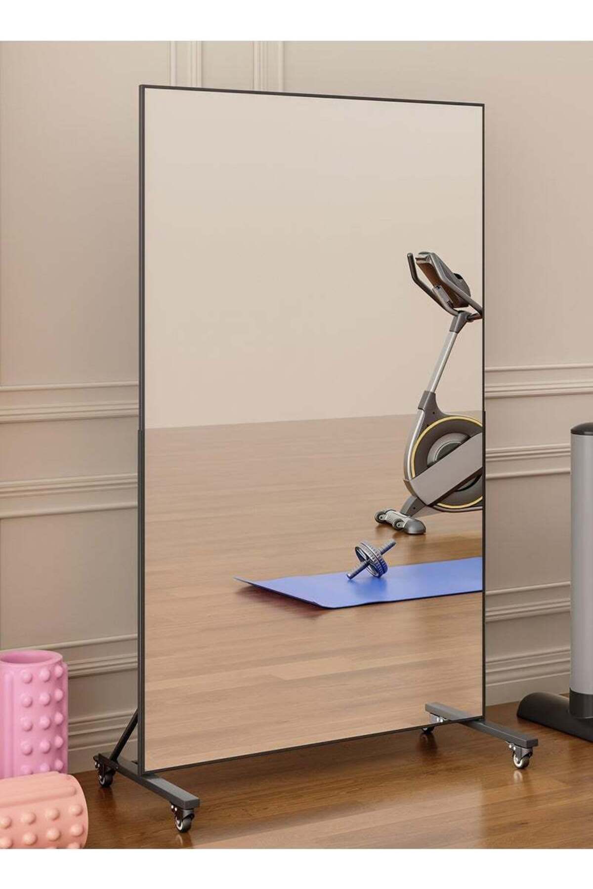 Taimi-Extra Large Mirror With Elegant Design,Shatterproof,100X170 Cm With Black Frame And 4 Wheels 4