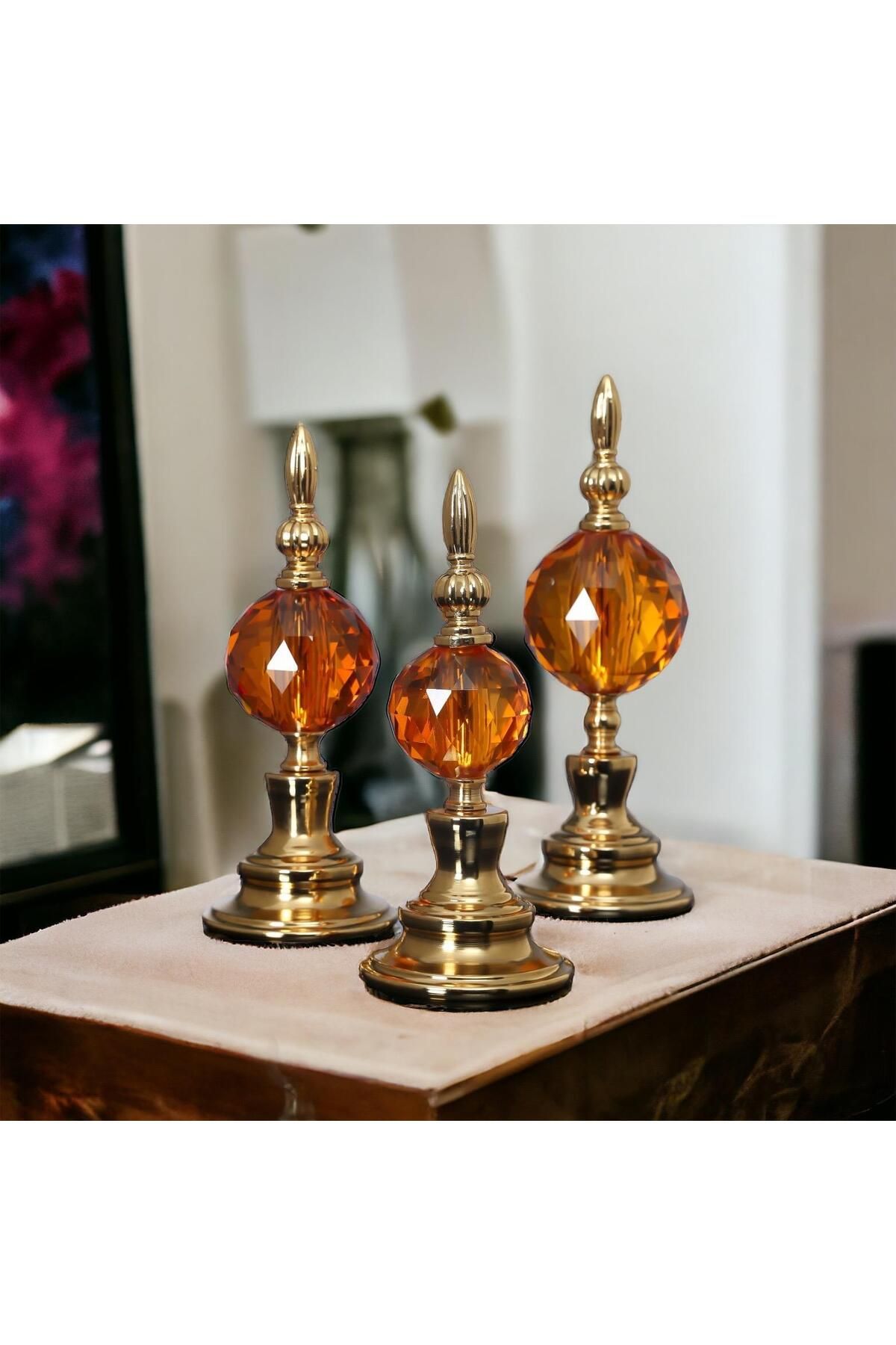 Pario Home 3'lü Dekorlu Kristal Alem Biblo Turuncu