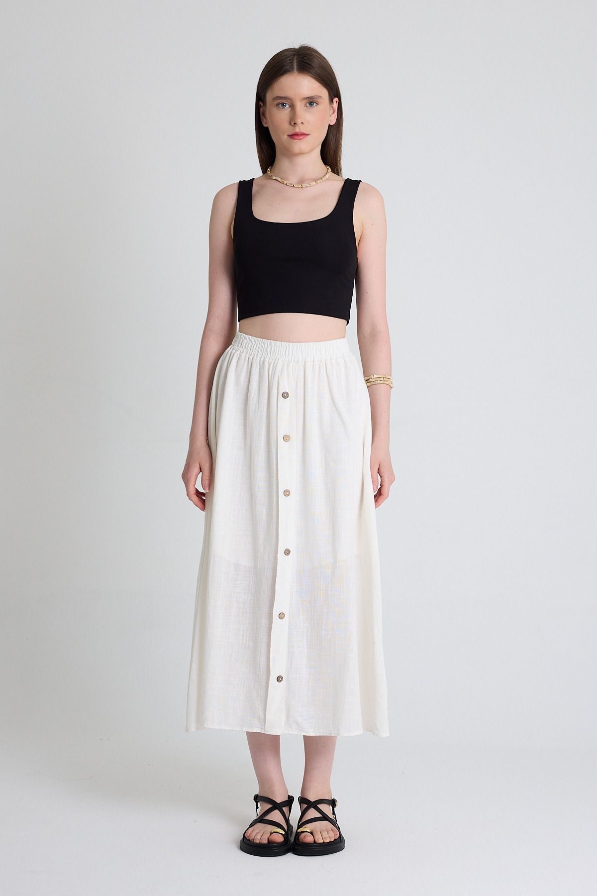 Rays-White Linen Look 100% Cotton Buttoned Midi Skirt 3419 2