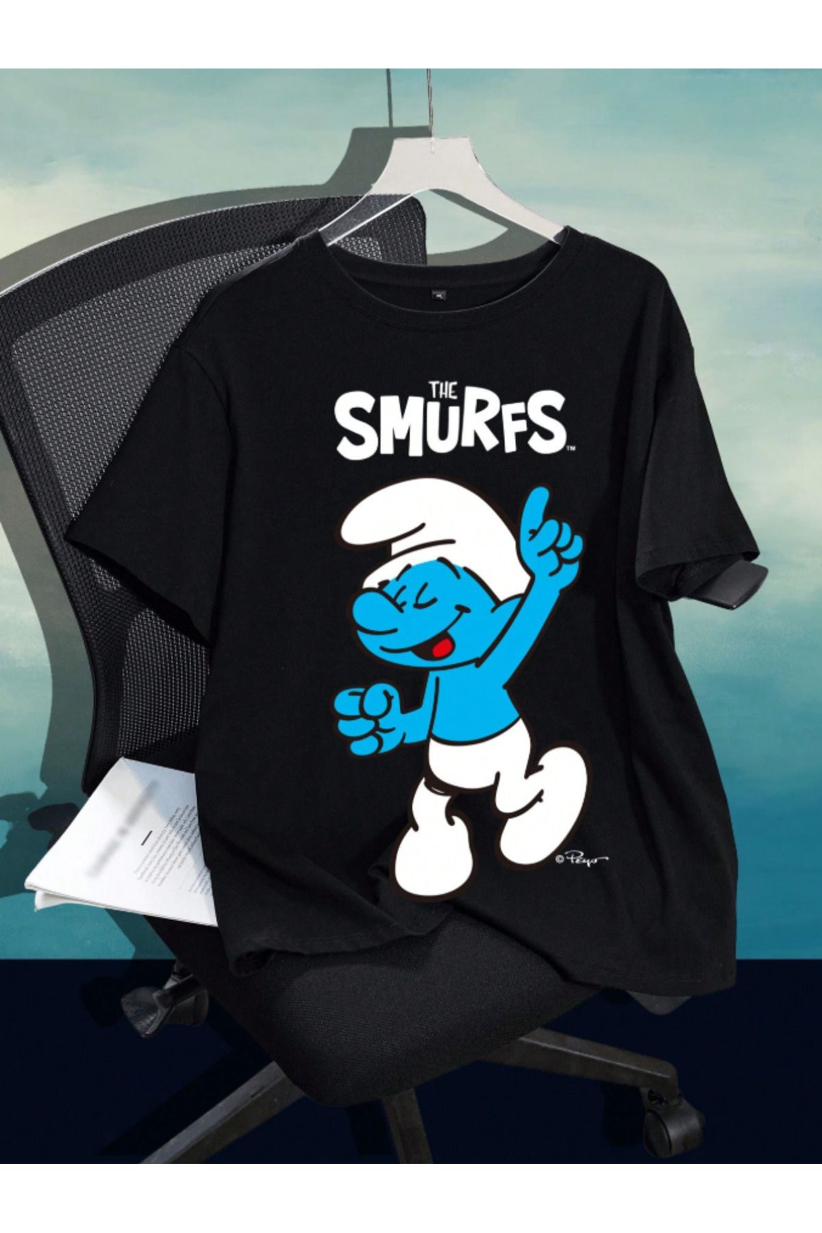COHERENT Unisex Erkek/Kadın SMURF Özel Baskılı Oversize Pamuklu T-Shirt