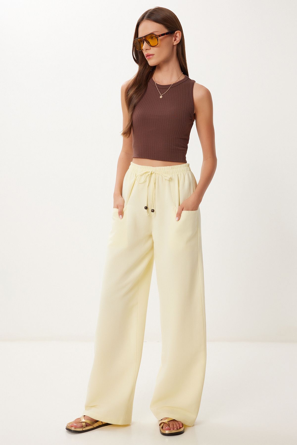 Lovelyİstanbul Cepli Geniş Paça Keten Pantolon SARI LBV0062