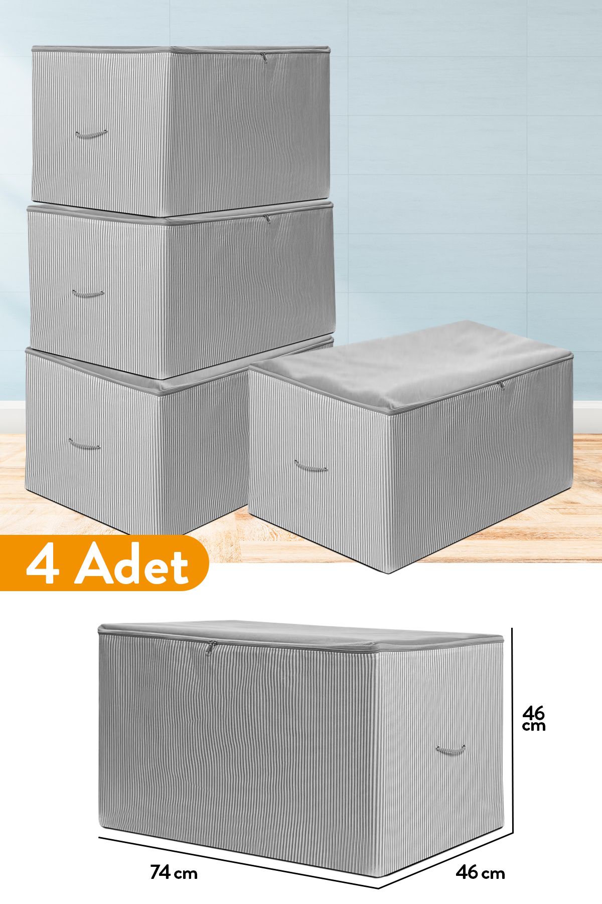 teknotrust 4 Adet Antrasit Çizgili Büyük Boy Hurç, 74x46x46 cm, Gri Renk