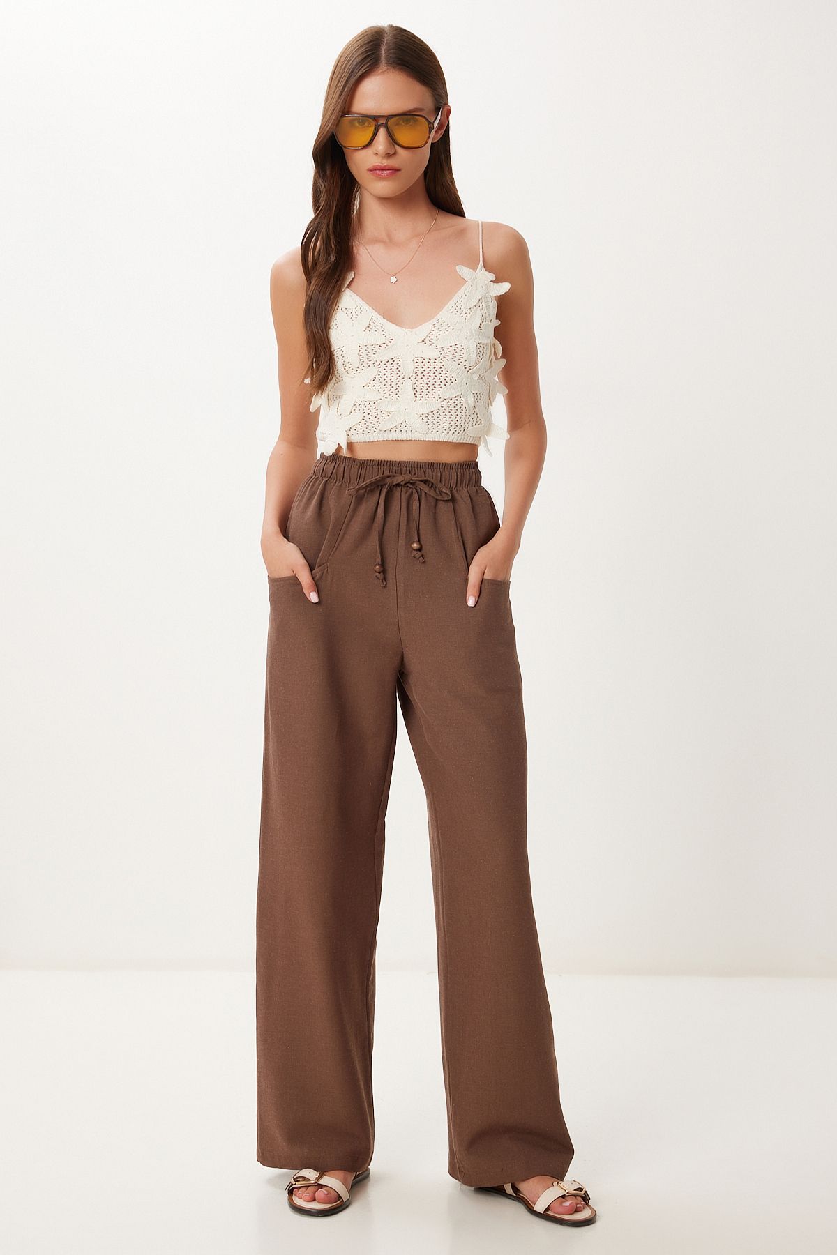 Lovelyİstanbul Cepli Geniş Paça Keten Pantolon KAHVERENGİ LBV0062