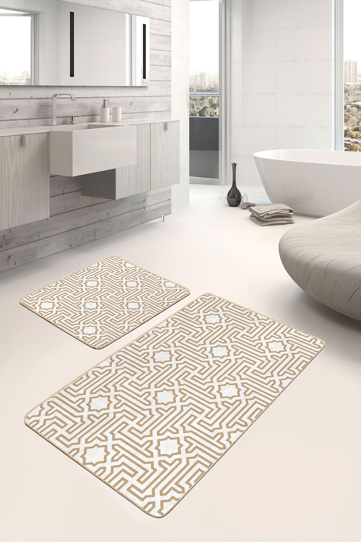 Realhomes 2'li Set Krem Zeminde Geometrik Motifli Çokgen Desenli Geometrik Sade & Şık 2'li Banyo Paspas Takımı