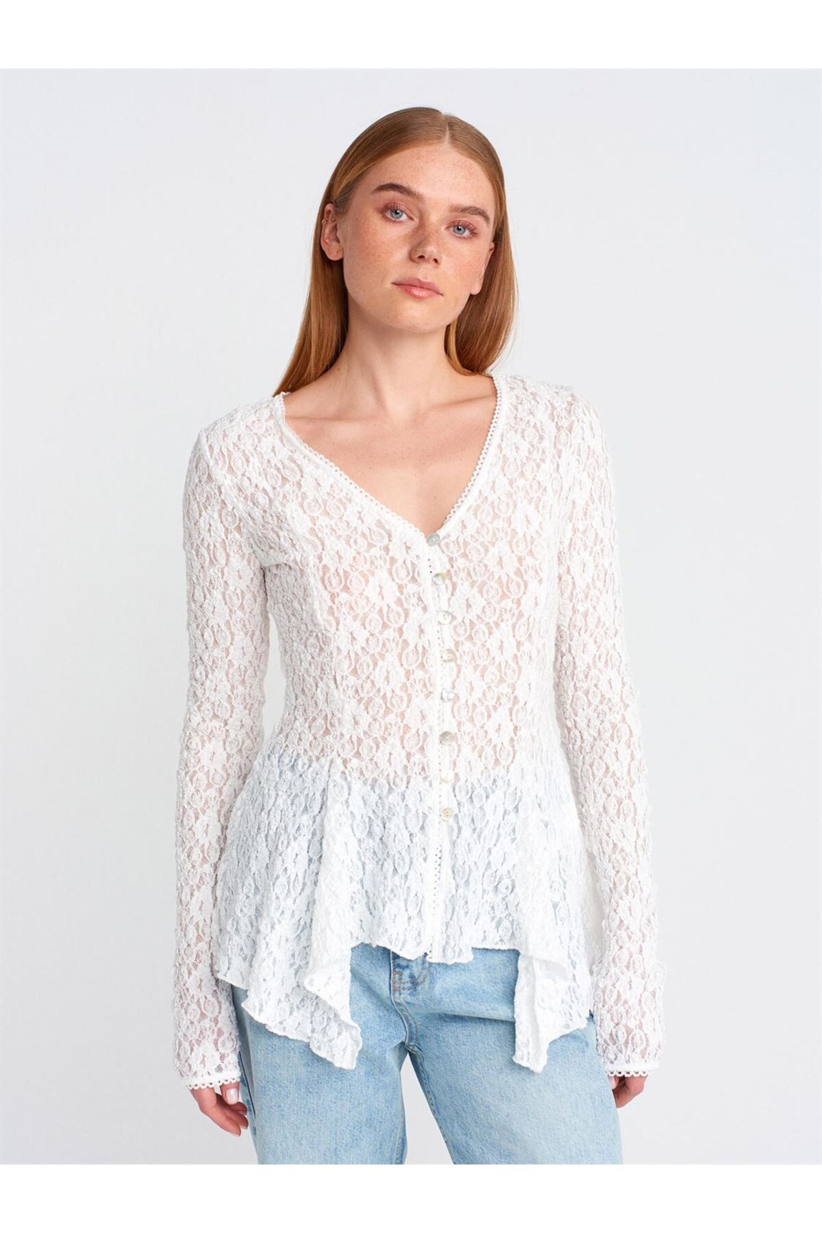 Dilvin 60433 Düğmeli Peplum Dantel Hırka-Ekru