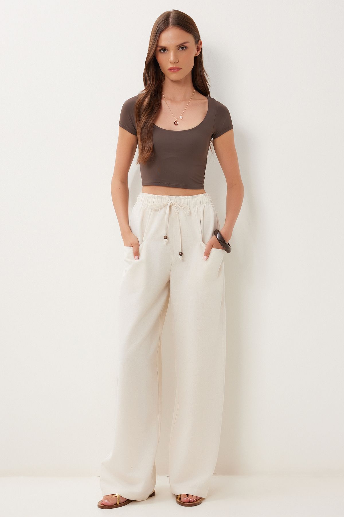 Lovelyİstanbul Cepli Geniş Paça Keten Pantolon KREM LBV0062