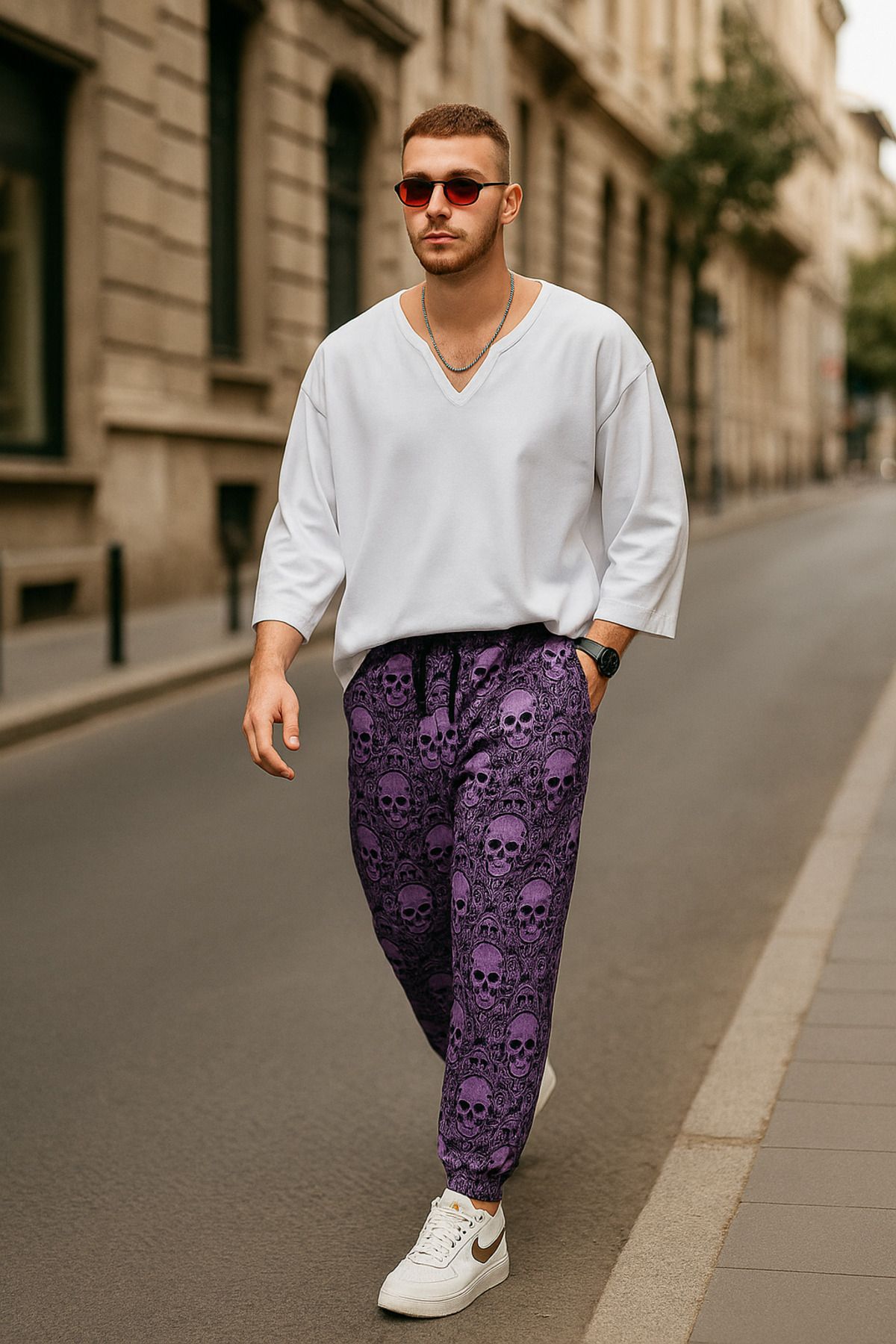 SUPERBLUE Erkek Desenli Beli Lastikli Mor Şalvar Pantolon
