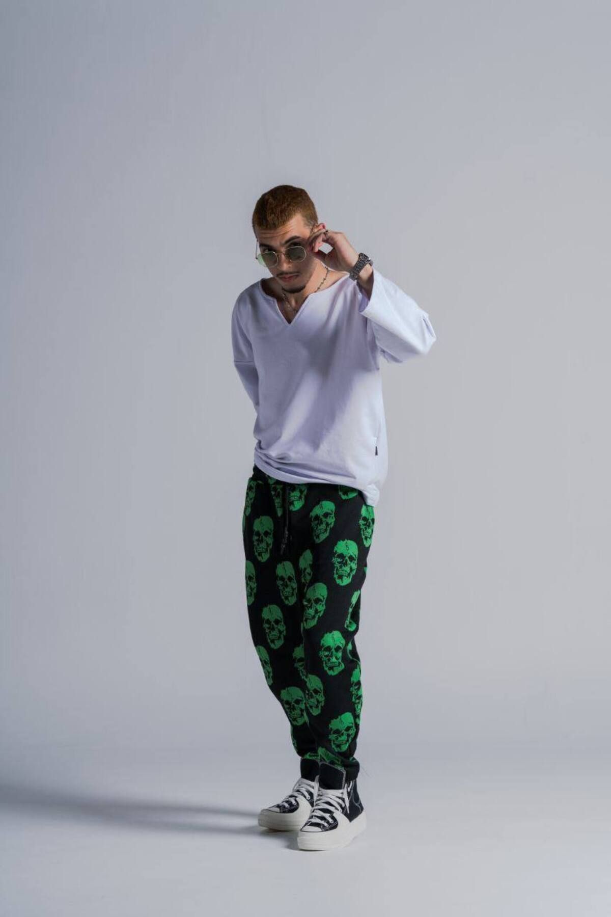 SUPERBLUE-Men's Patterned Green Baggy Trousers with Elastic Waist 3