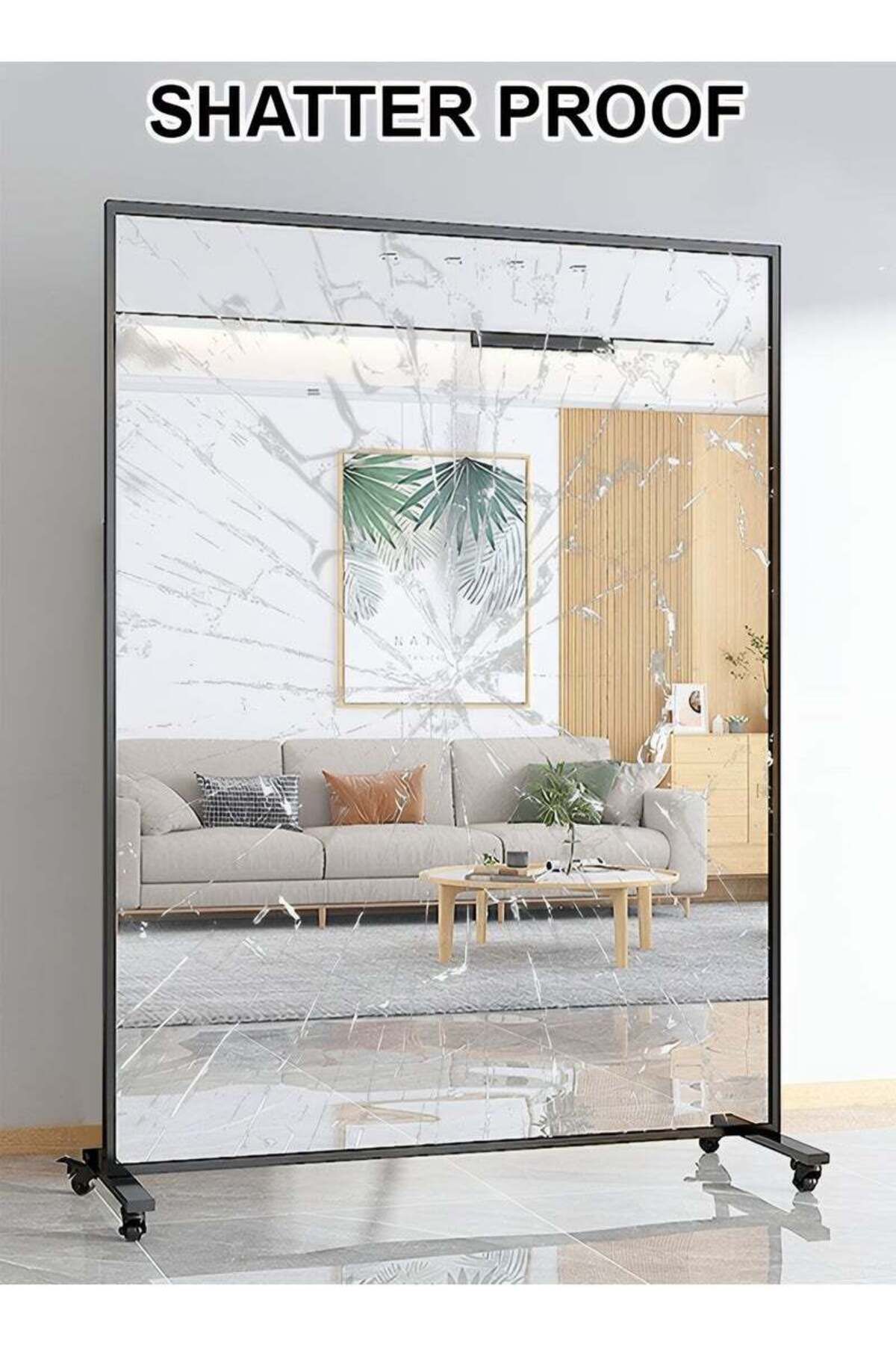 Taimi-مرآة كبيرة جدًا بتصميم أنيق، مقاومة للكسر، 170 × 150 سم بإطار أسود و4 عجلات 4