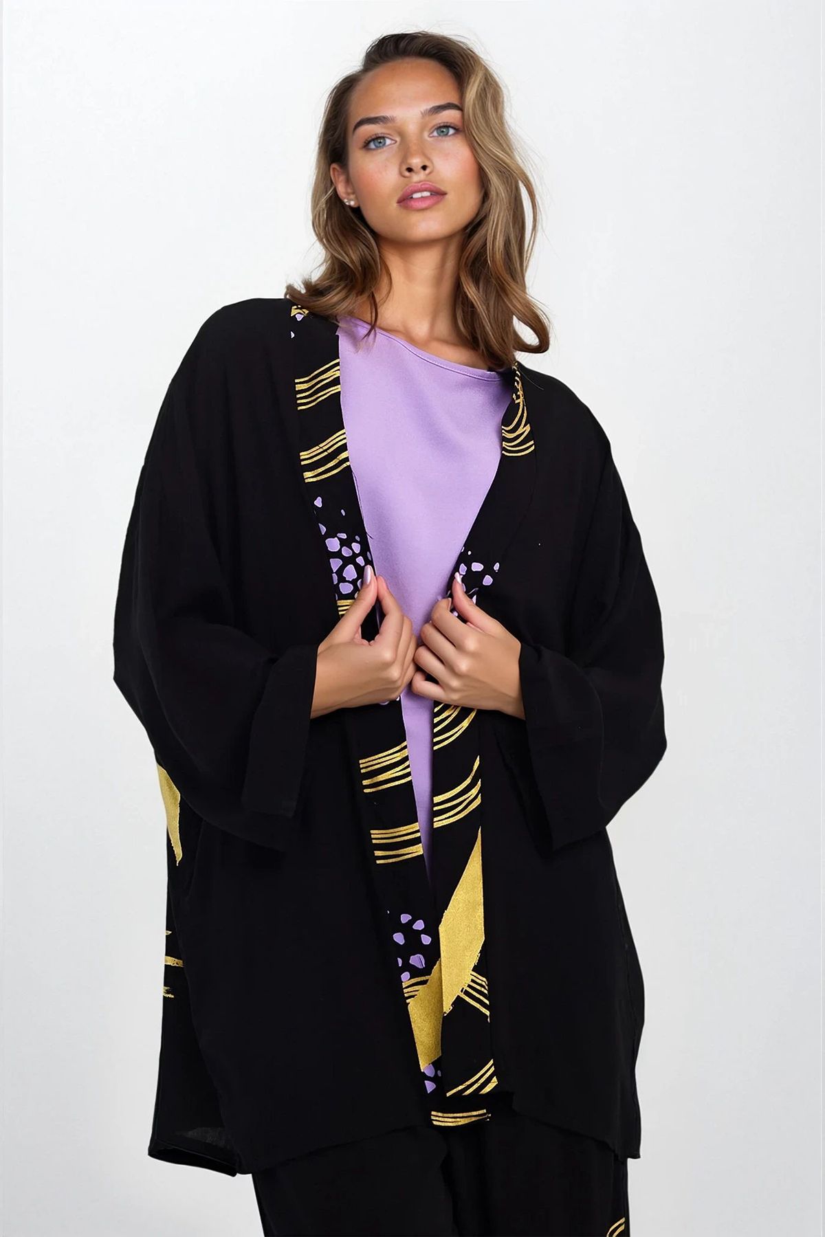 VAGGON Kadın Lila Desenli Kimono Bluz Ve Pantolon Büyük Beden Alt Üst Takım Vs00302
