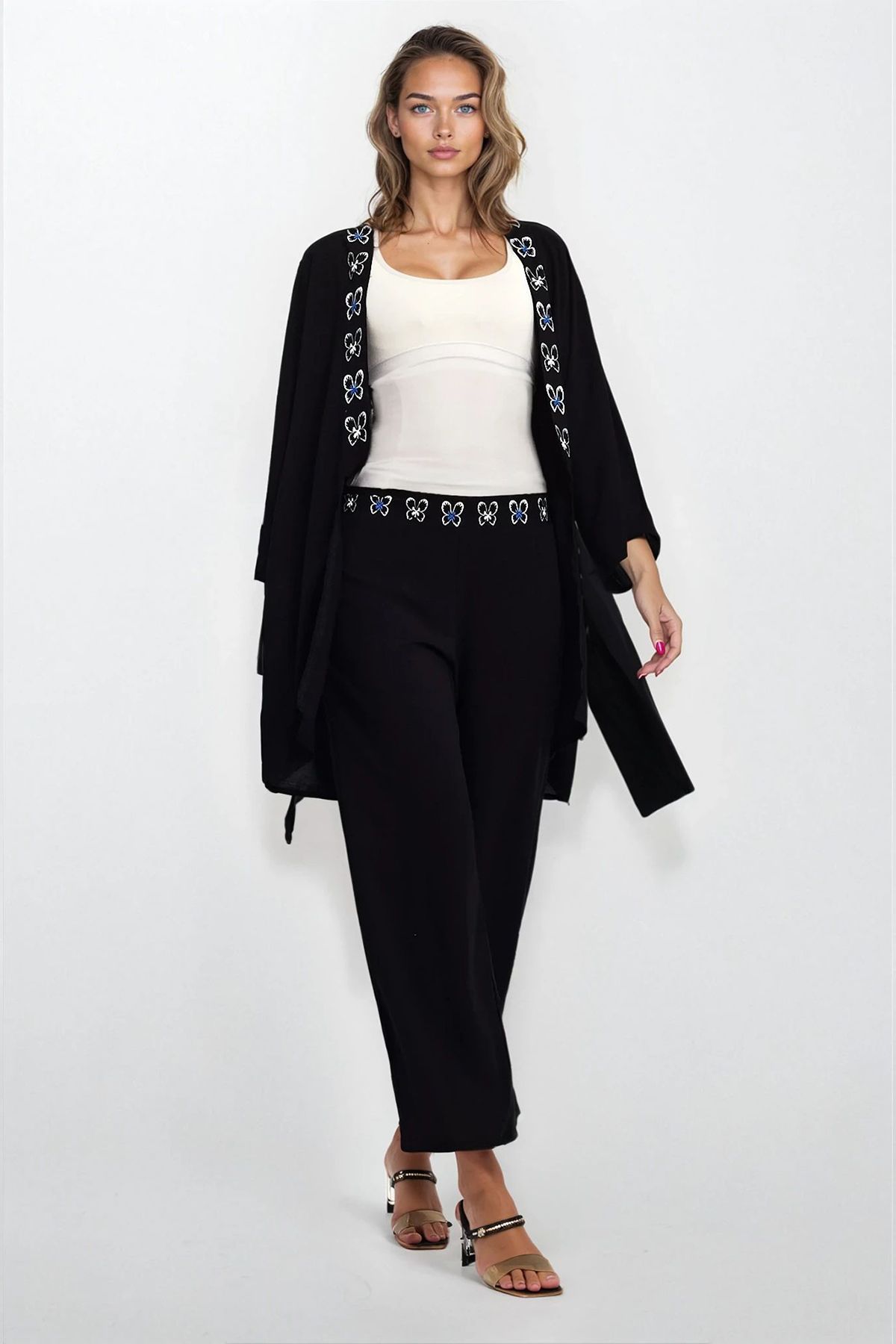VAGGON Desenli Kimono ve Çift Cepkli Pantolon Büyük Beden Alt Üst Takım