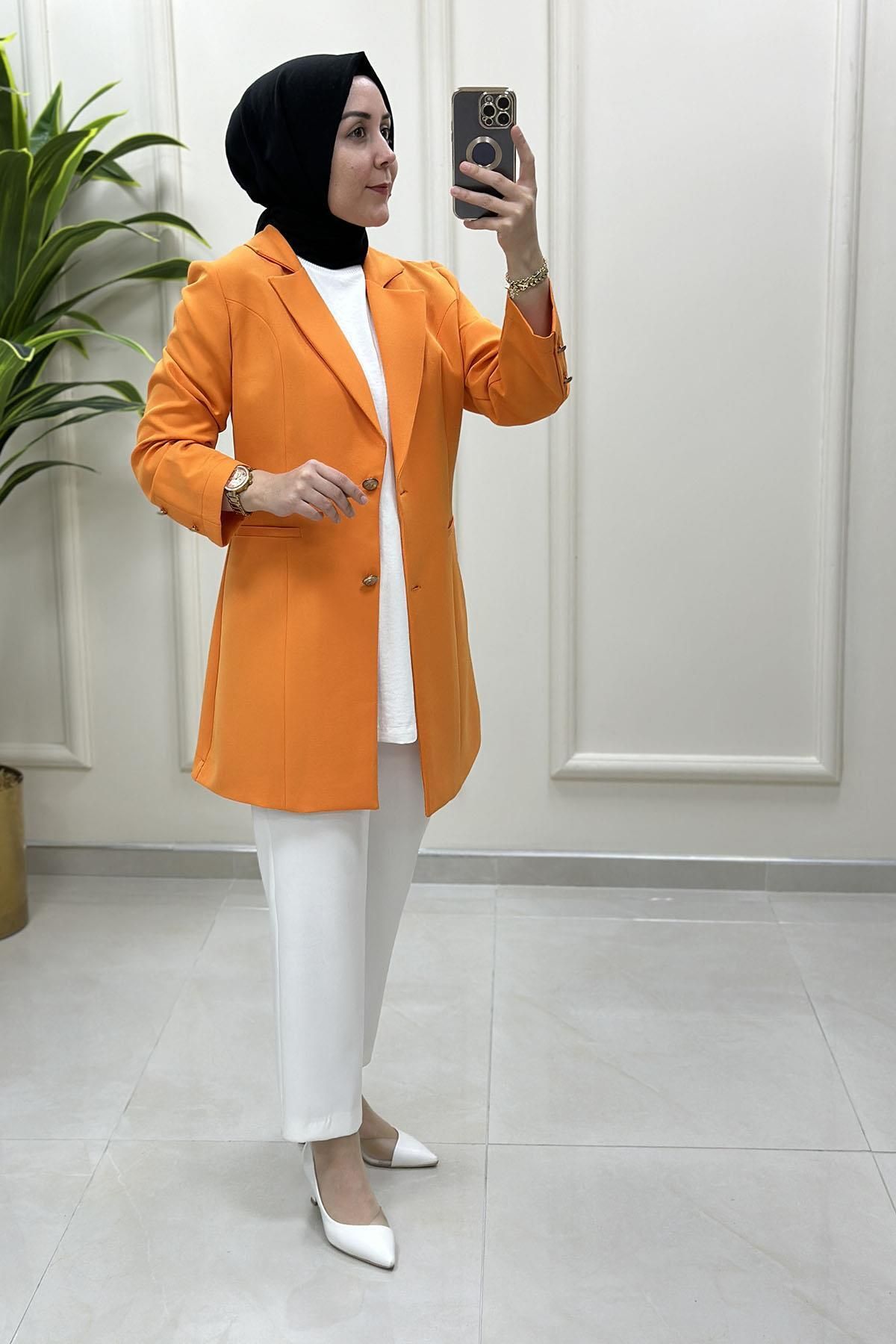 çınar özkan Kruvaze Yaka Kadın Blazer Ceket Turuncu CNR 2070