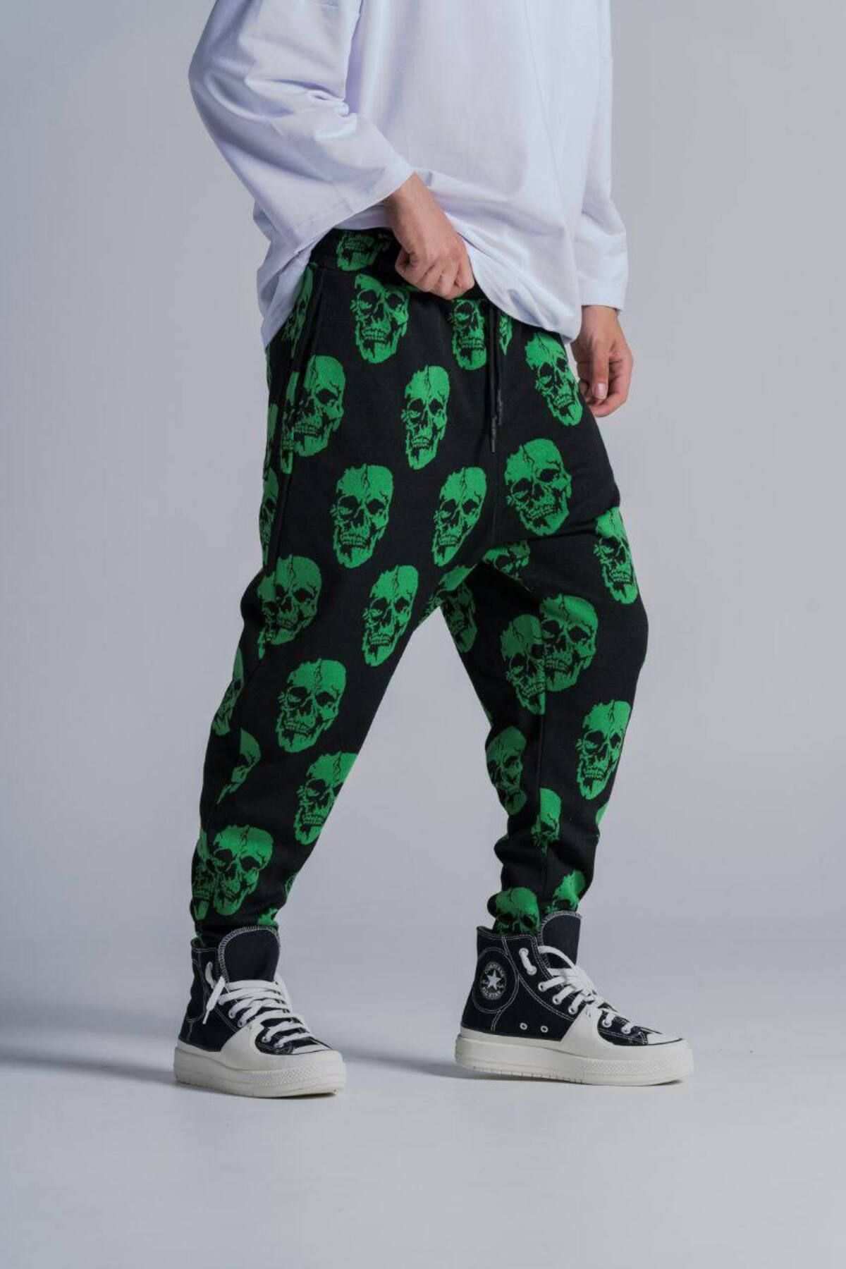 SUPERBLUE-Men's Patterned Green Baggy Trousers with Elastic Waist 2
