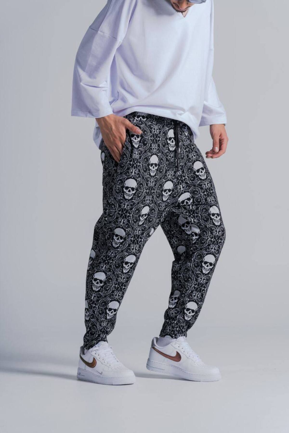 SUPERBLUE-Men's Patterned Black Baggy Trousers with Elastic Waist 2