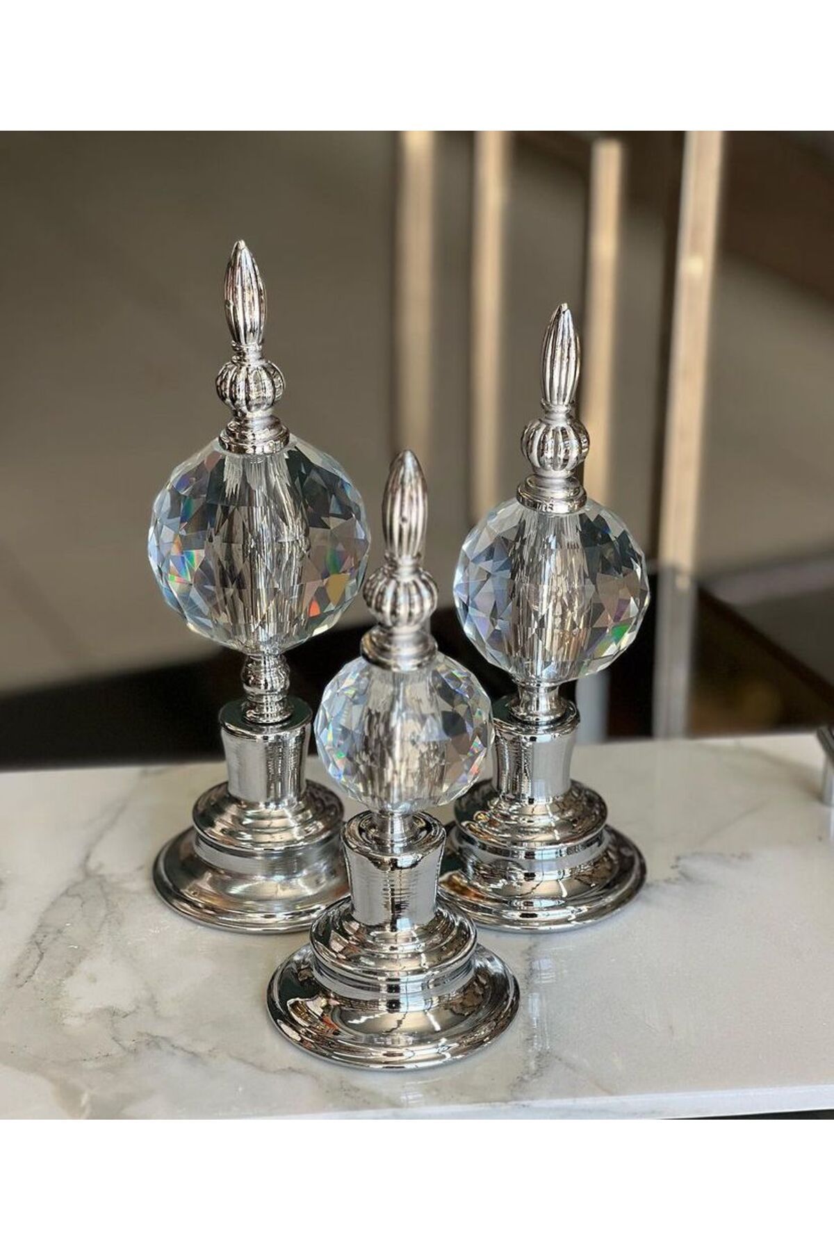 Pario Home 3'lü Dekorlu Kristal Alem Biblo Silver
