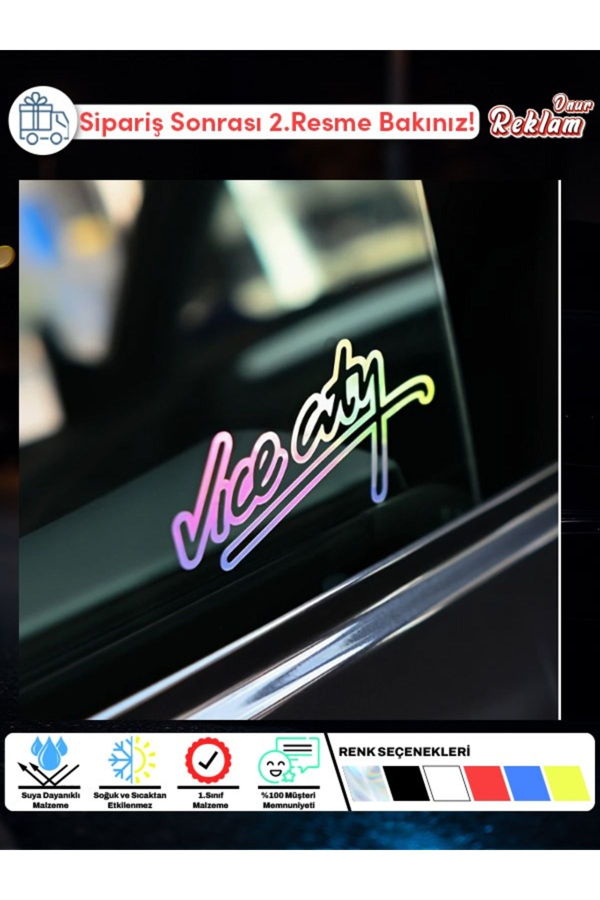 Onur Reklam Vice City Yazılı Holografik Sticker – Neon Stil Araba ve Laptop Çıkartması