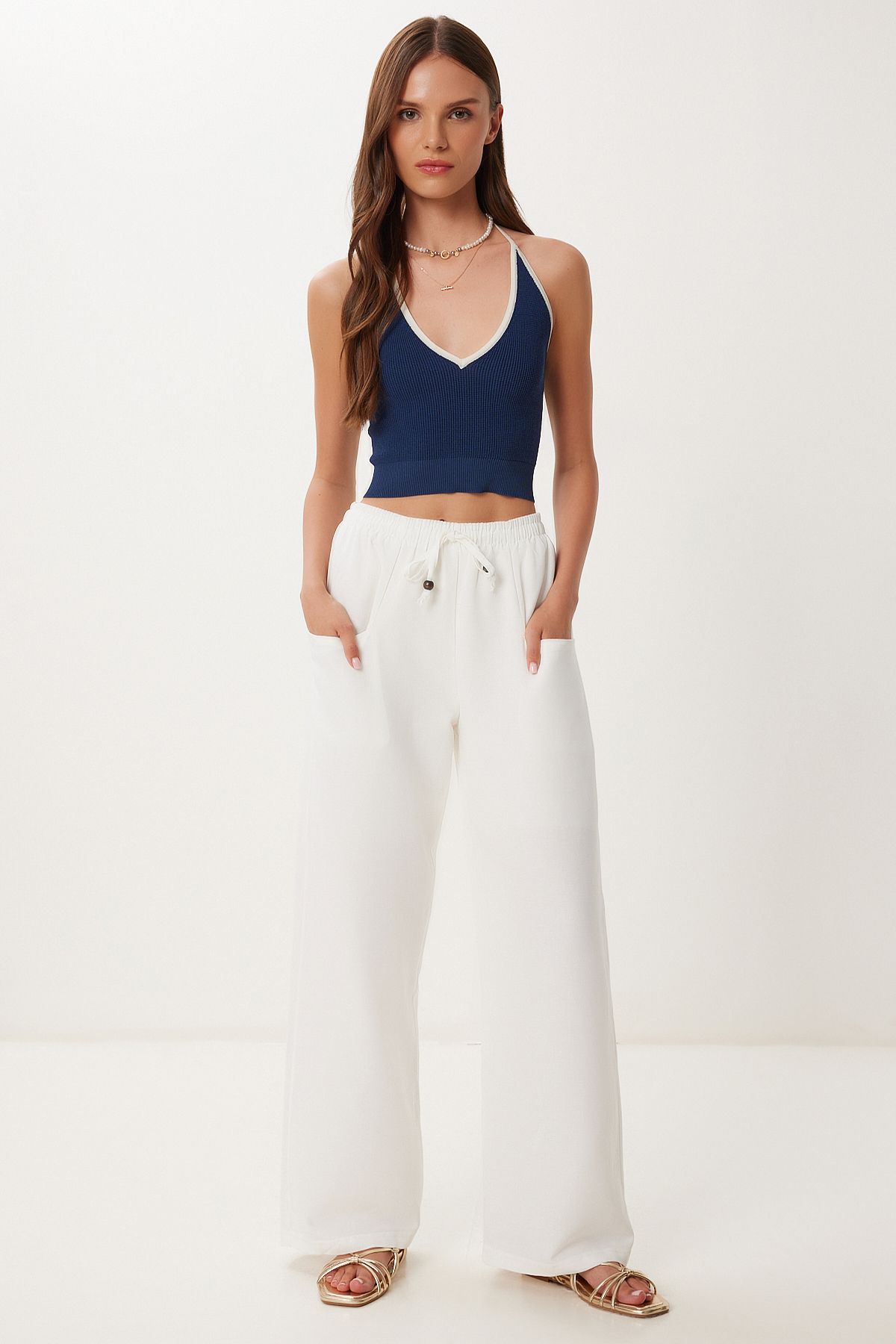 Lovelyİstanbul Cepli Geniş Paça Keten Pantolon EKRU LBV0062