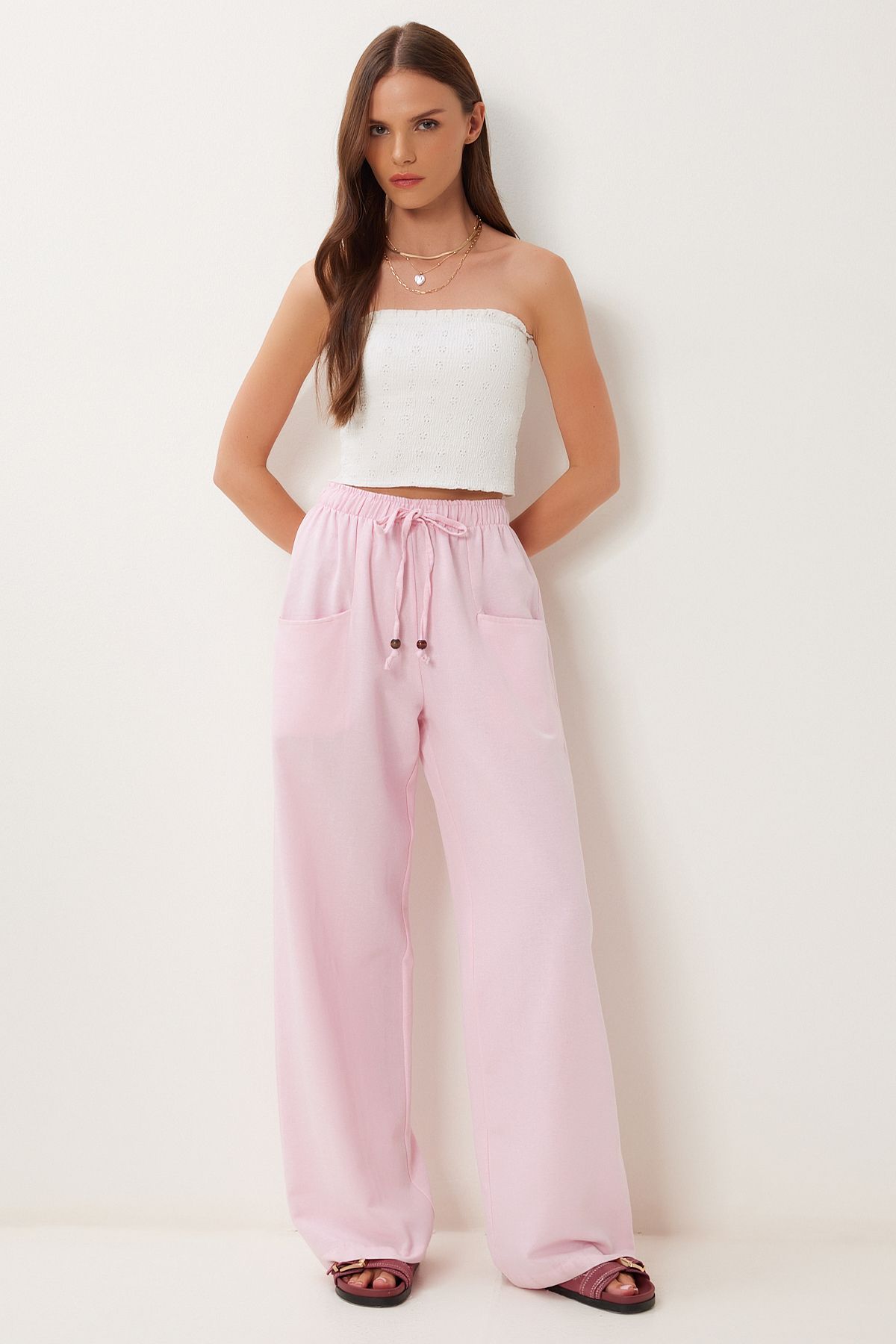 Lovelyİstanbul Cepli Geniş Paça Keten Pantolon PEMBE LBV0062