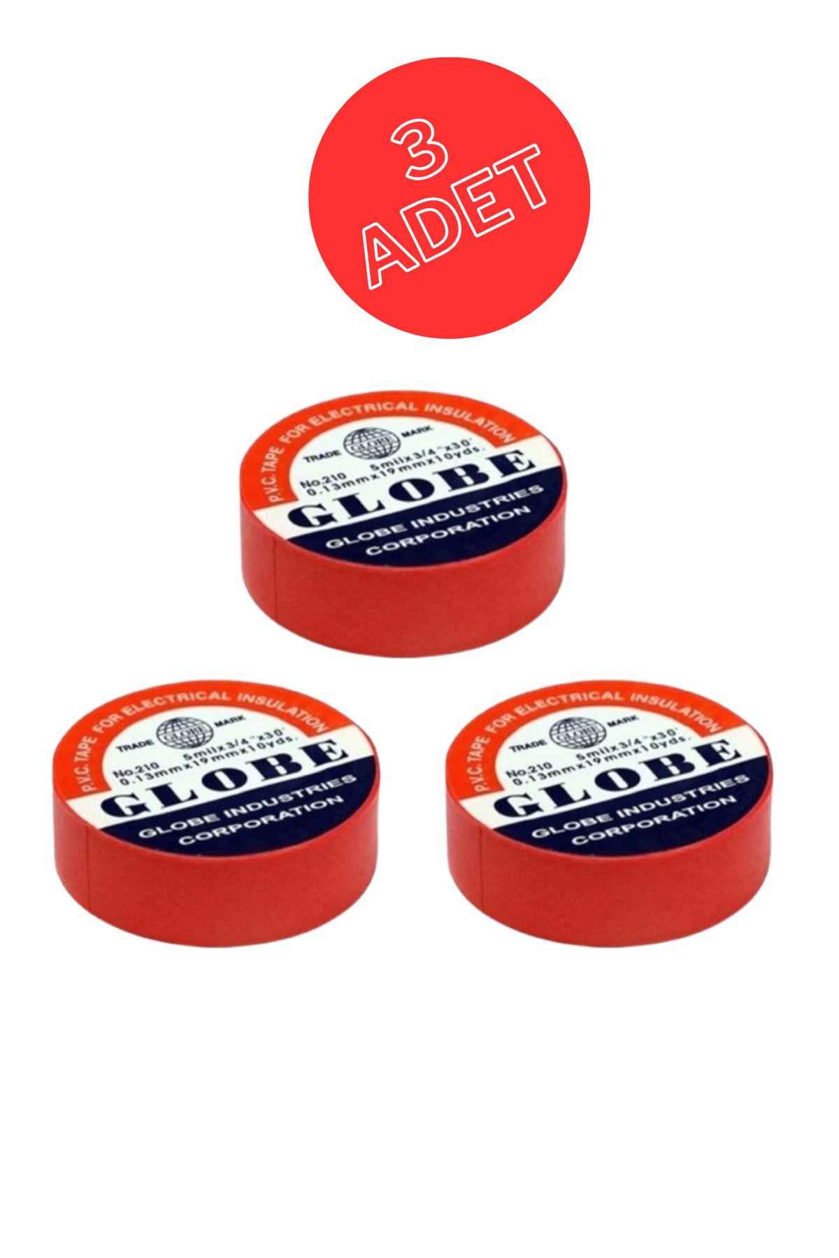 Globe 3 Adet Pvc İzolasyon Elektrik Bant "0.13xmm19xmm10yds" (KIRMIZI)