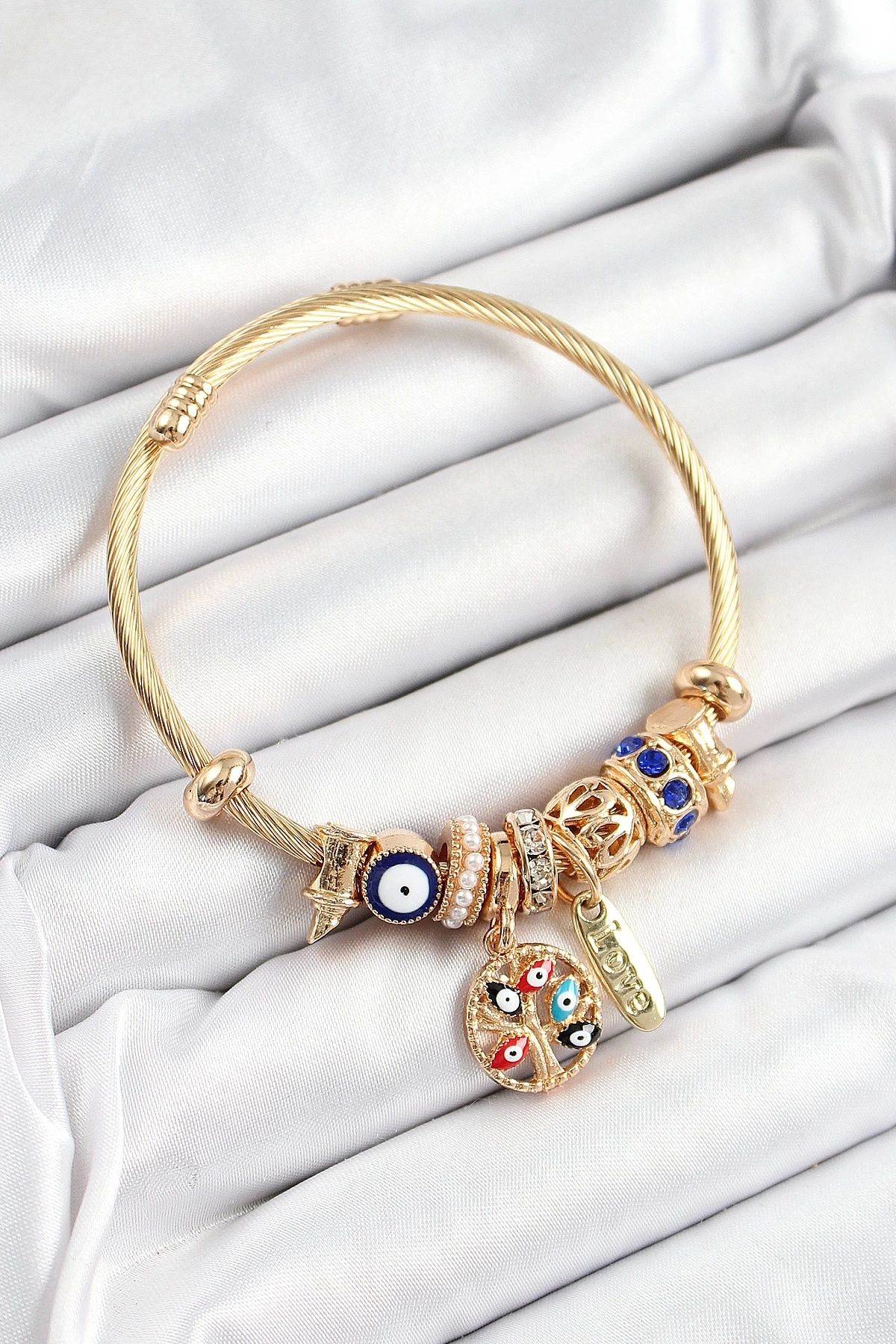 Clariss 316L Çelik Lacivert Nazarlı Zirkon Taşlı İnci Detaylı Hayat Ağacı Model Gold Renk Charm Bileklik