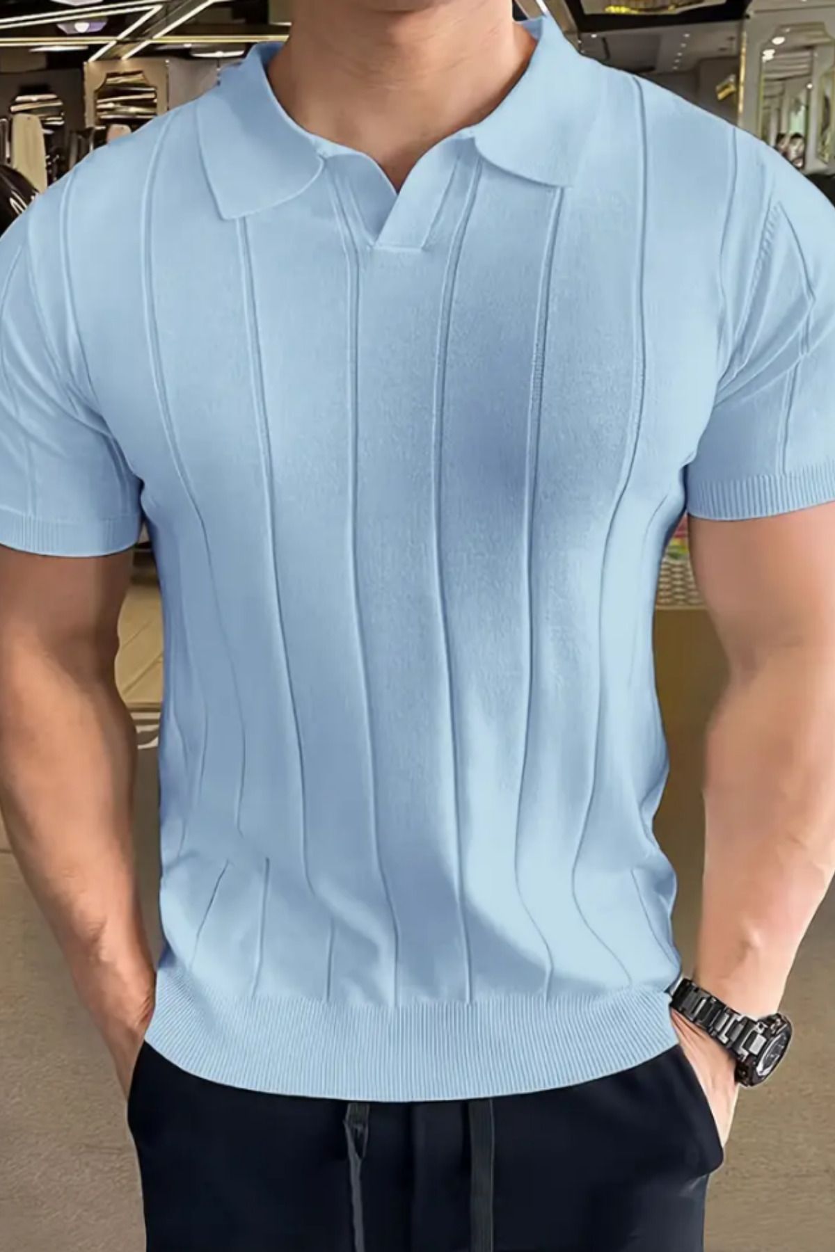 Tarz Cool Erkek Mavi Çizgili Kısa Kollu Triko T-Shirt