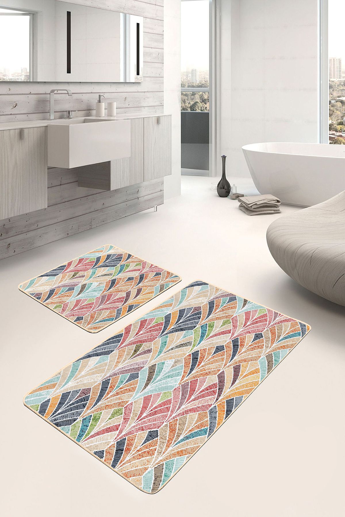 Realhomes 2'li Set Çok Renkli Zeminde Patchwork Motifli Ikat Sade & Şık Vintage 2'li Banyo Paspas Takımı