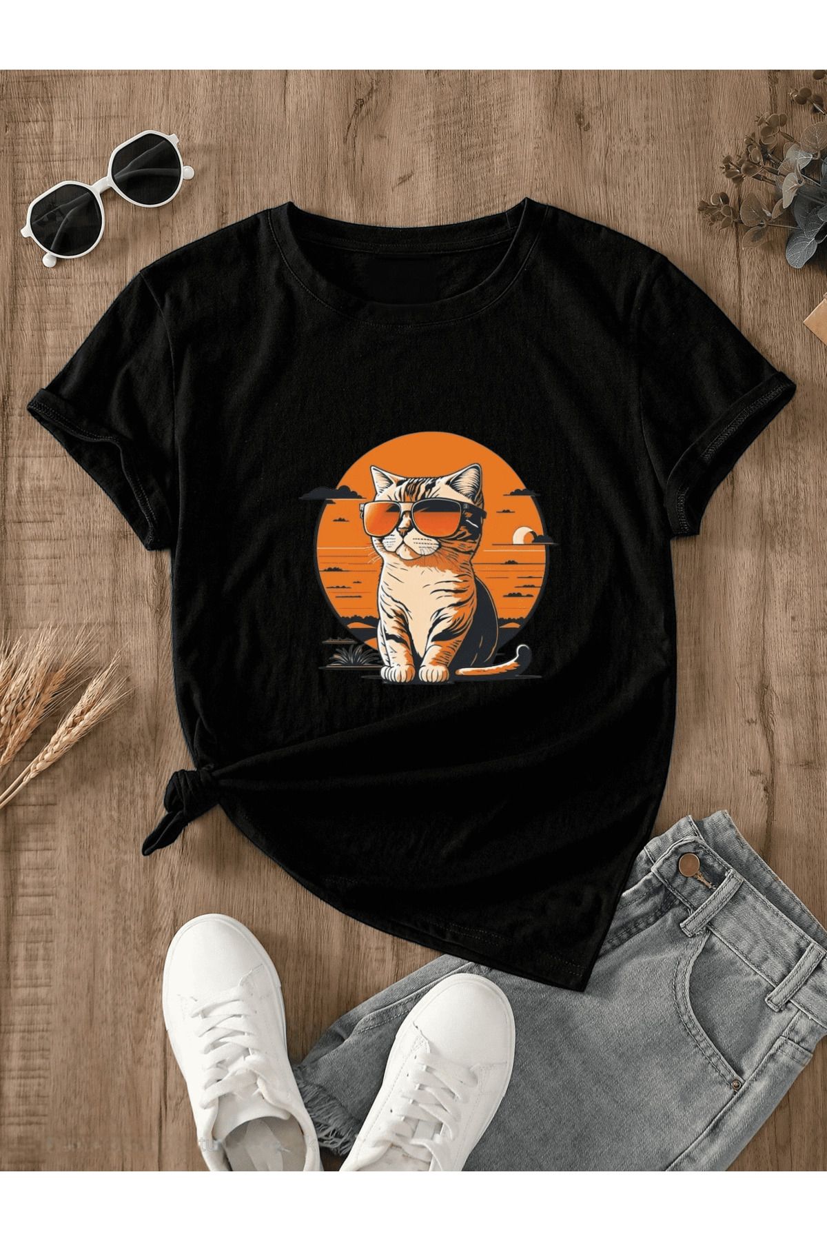 ELNOYA Unisex Pamuklu Siyah Oversize "Kedi" Baskılı Bisiklet Yaka Rahat T-shirt