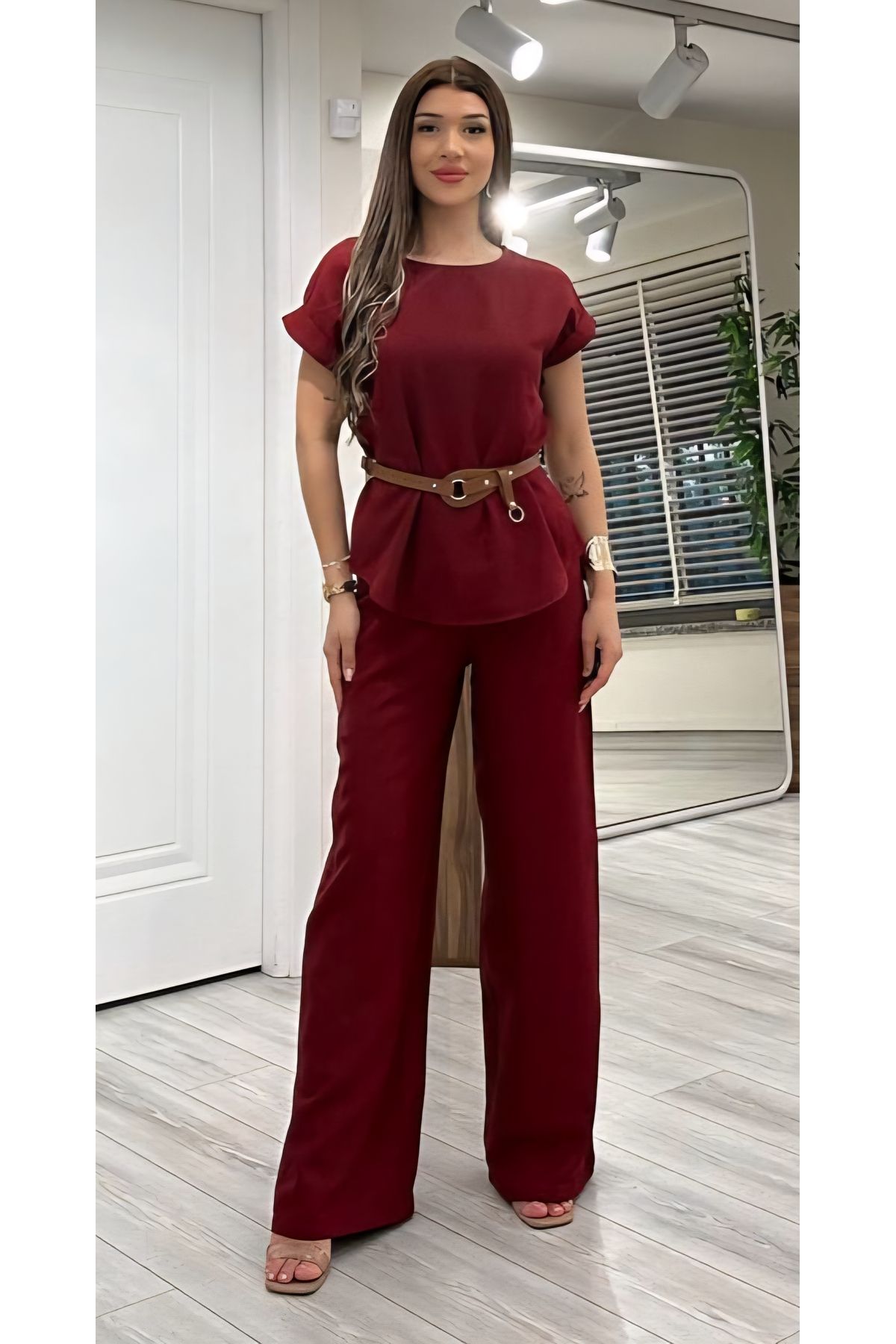 Şamdan Kemerli Keten Bluz Pantolon Takım