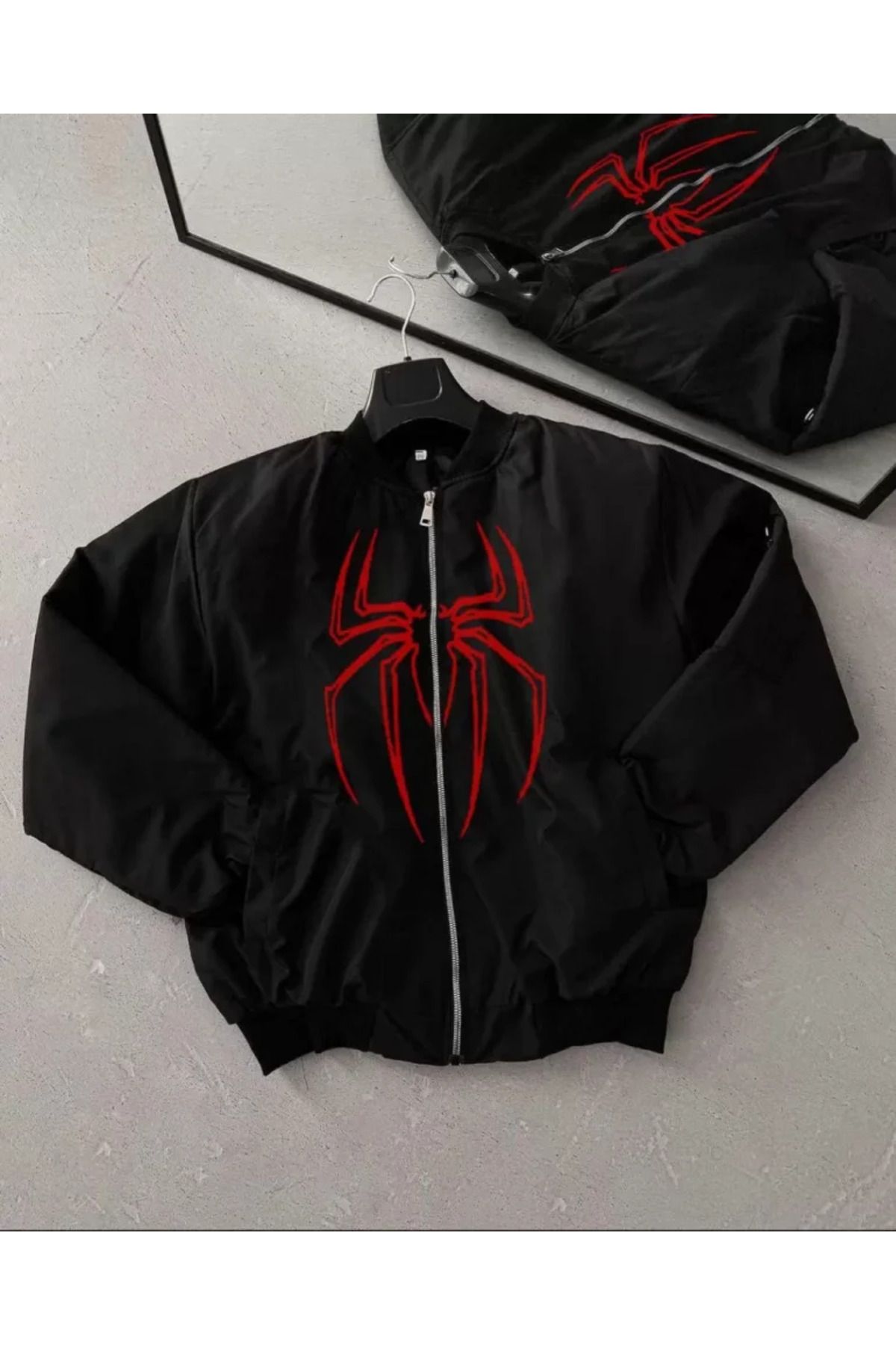 ETİLER COLLECTION Unisex Uzun Kol Örümcek Baskılı Bomber Ceket - Siyah