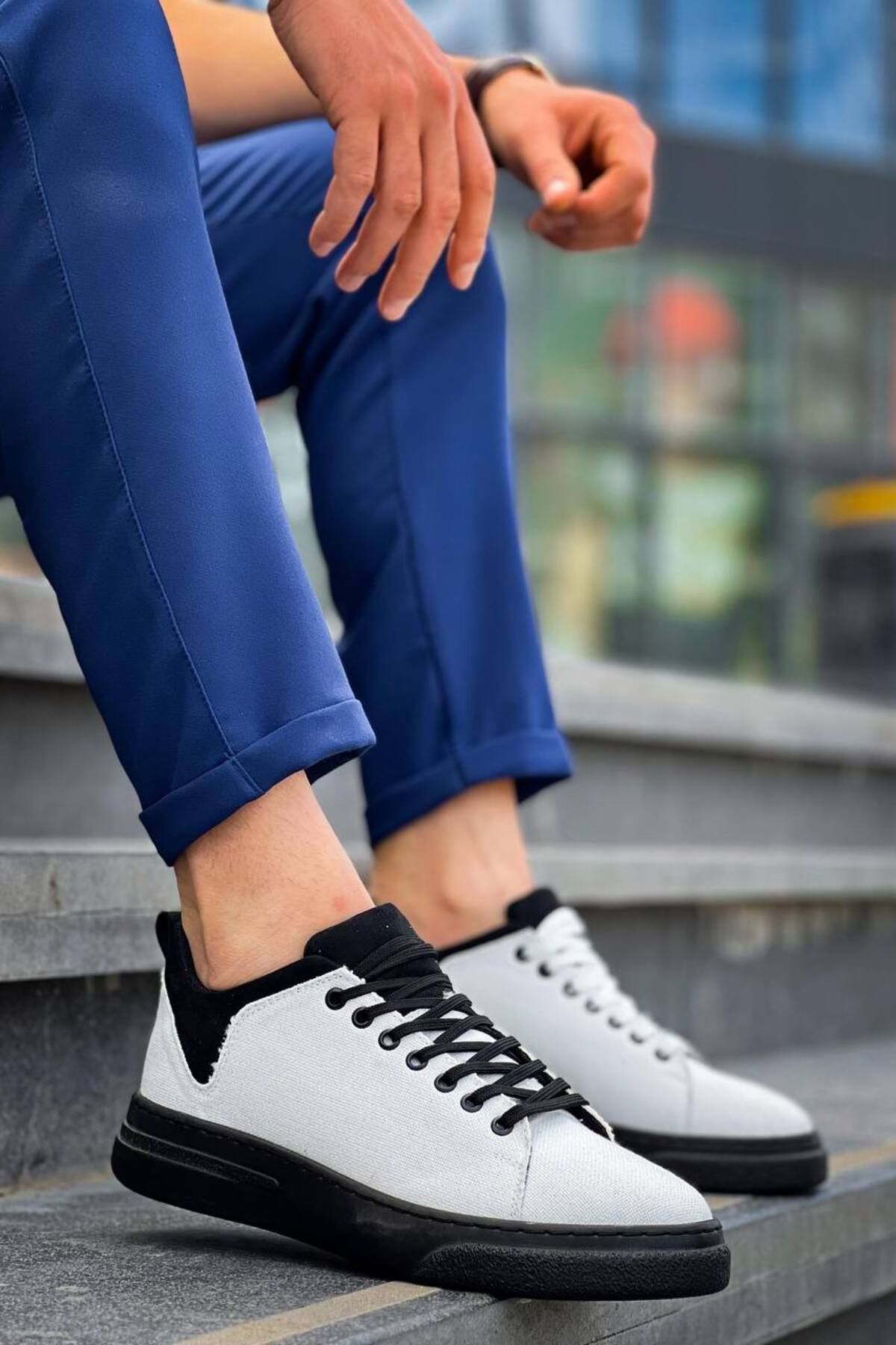 pabucmarketi Bağcıklı Keten Erkek Hı Sneaker BEYAZ SİYAH (SİYAH TABAN)