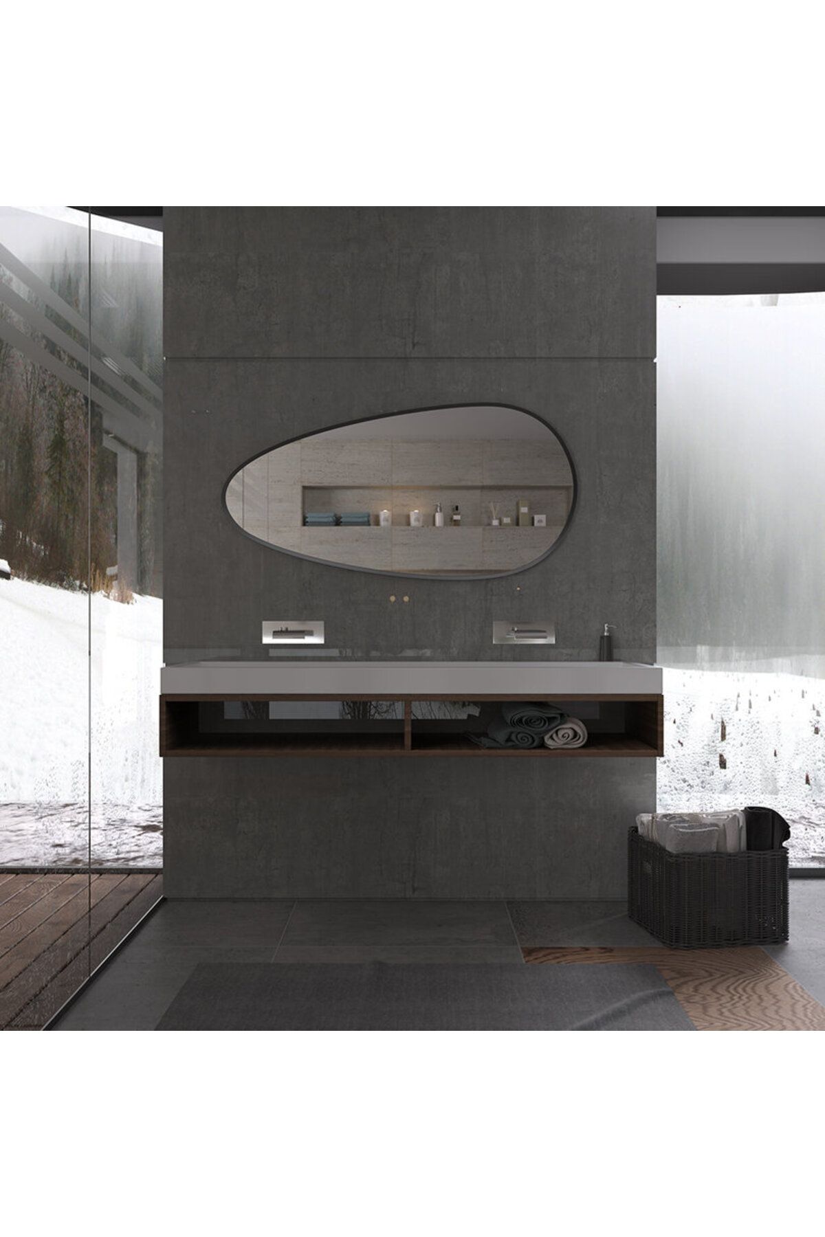 Aypars Atölye Asimetrik Geniş Banyo Aynası – Siyah Çerçeveli Modern Ayna, Endüstriyel Tasarım