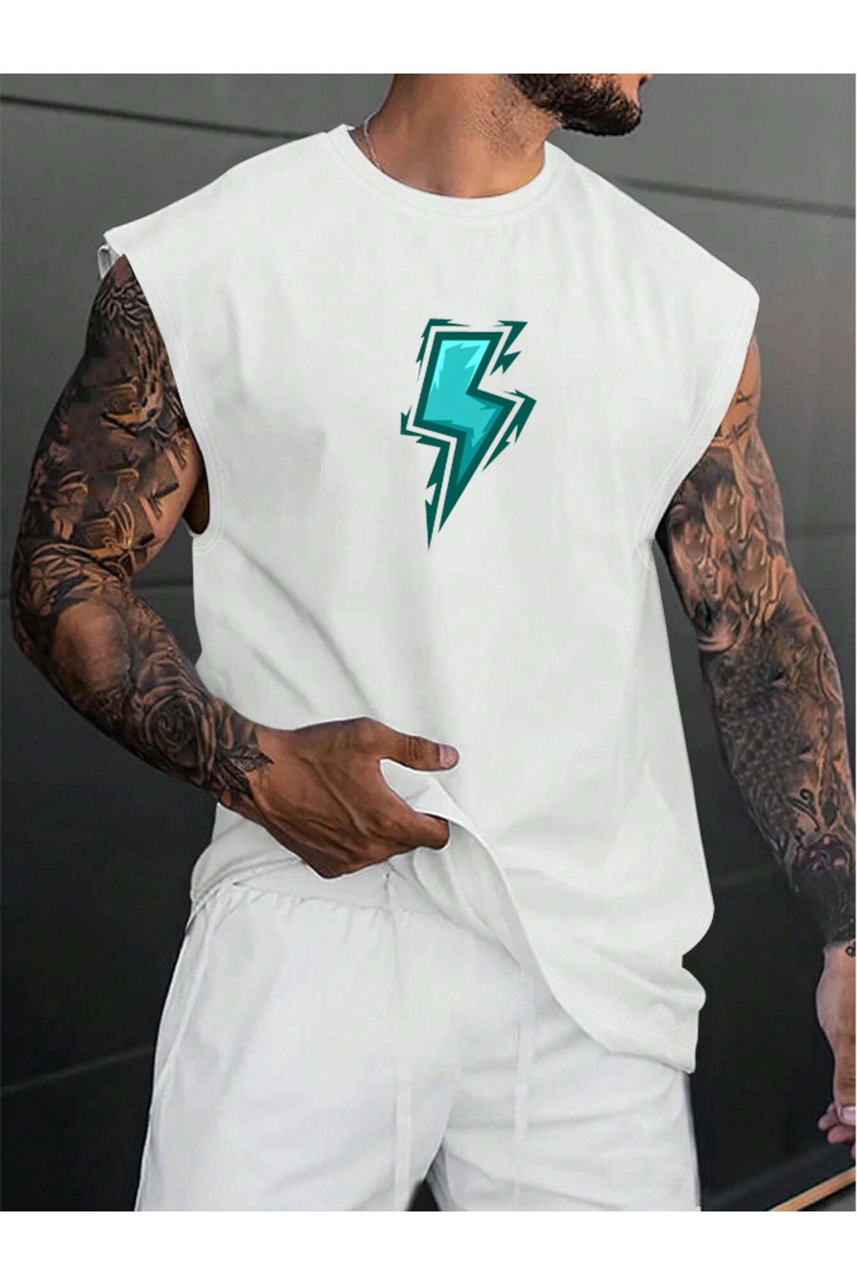 COHERENT Erkek ŞİMŞEK Özel Baskılı Oversize Pamuklu 0 Kol T-Shirt Tişört