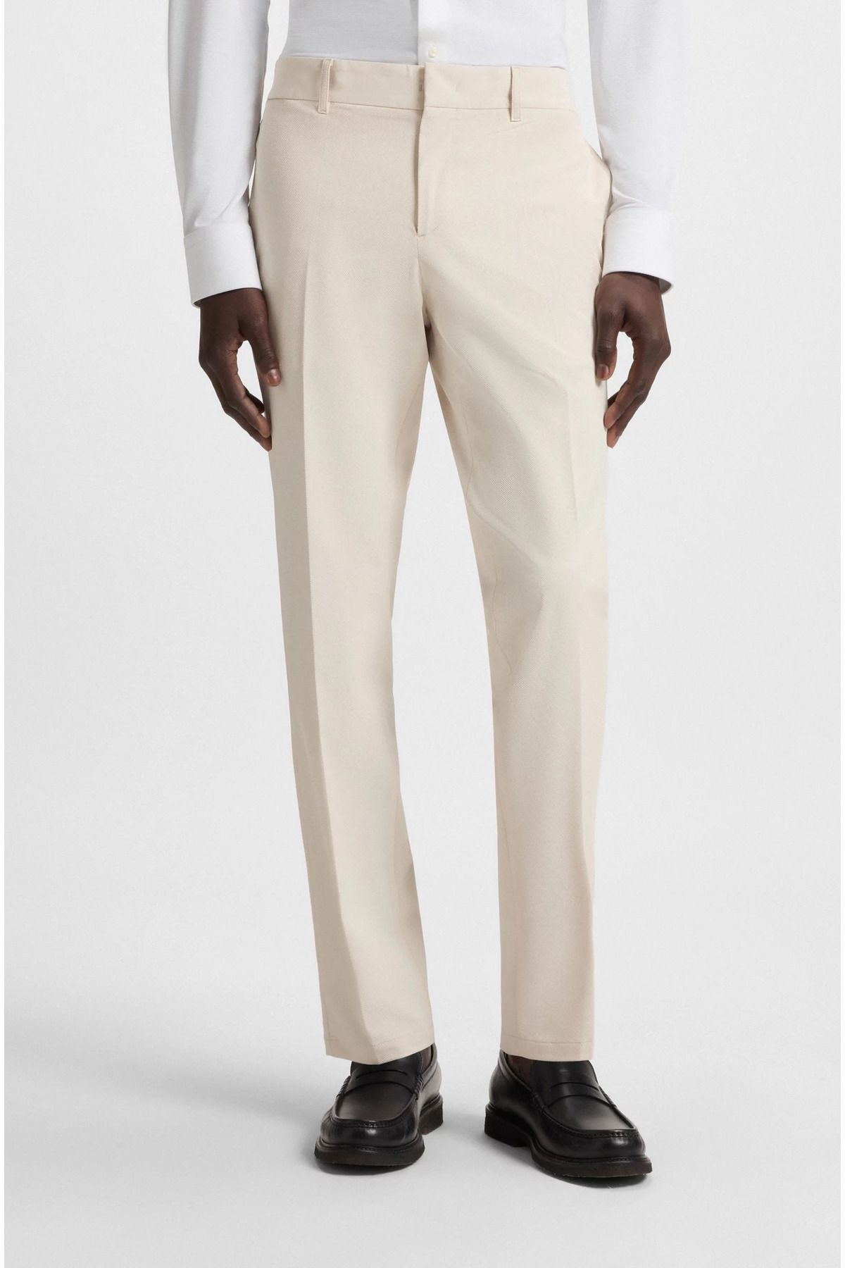 BOSS Erkek Yüksek Bel Slim Fit Kanca ve Fermuar Kapatma Bej Pantolon 50543570-131