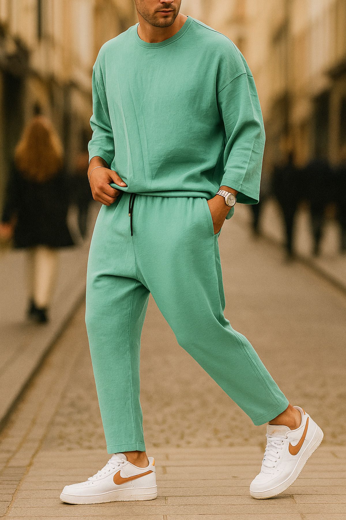 SUPERBLUE Erkek Basic Bel Lastikli Bol Yeşil Şalvar Pantolon