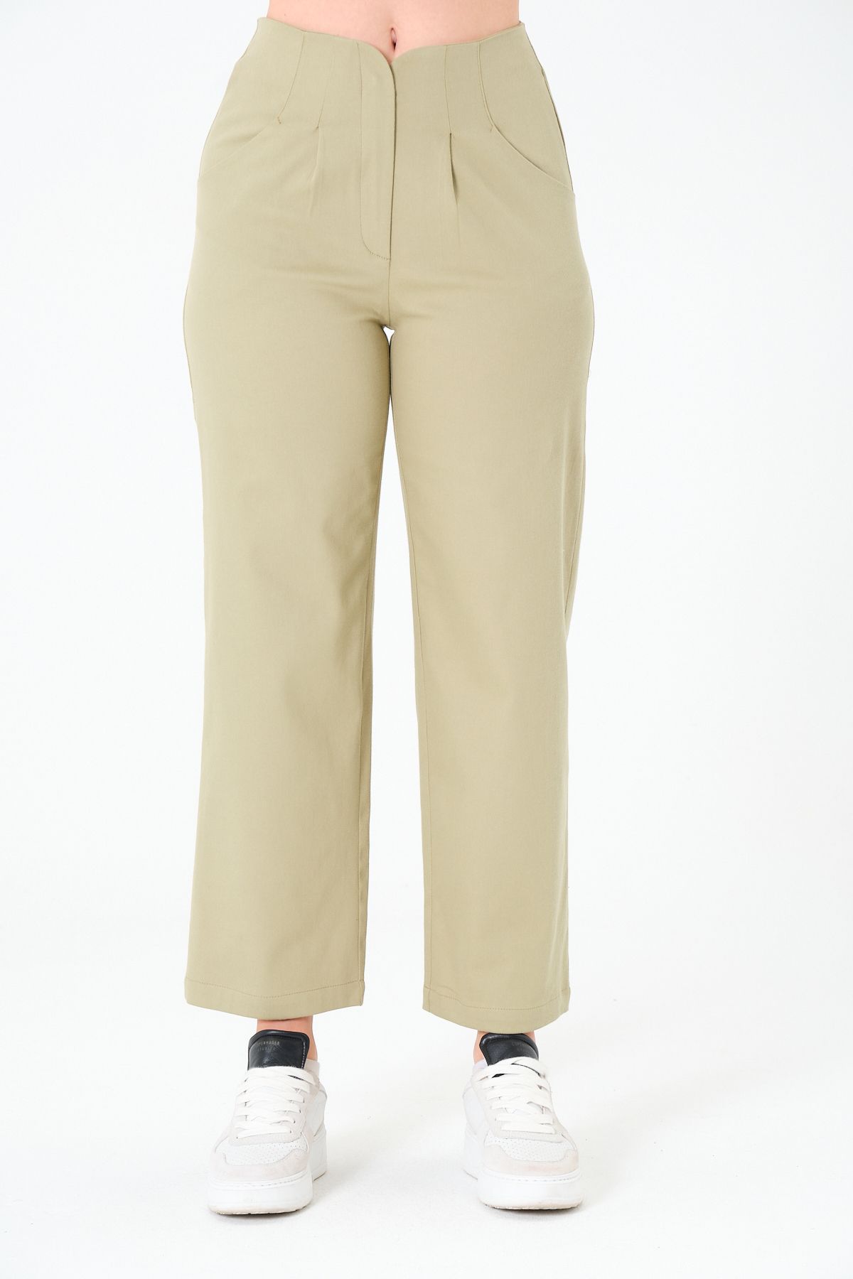 Sortie Collection Kadın Normal Bel, Pileli, Düz Paça, Nervürlü, Gabardin Zeytin Yeşili Pantolon