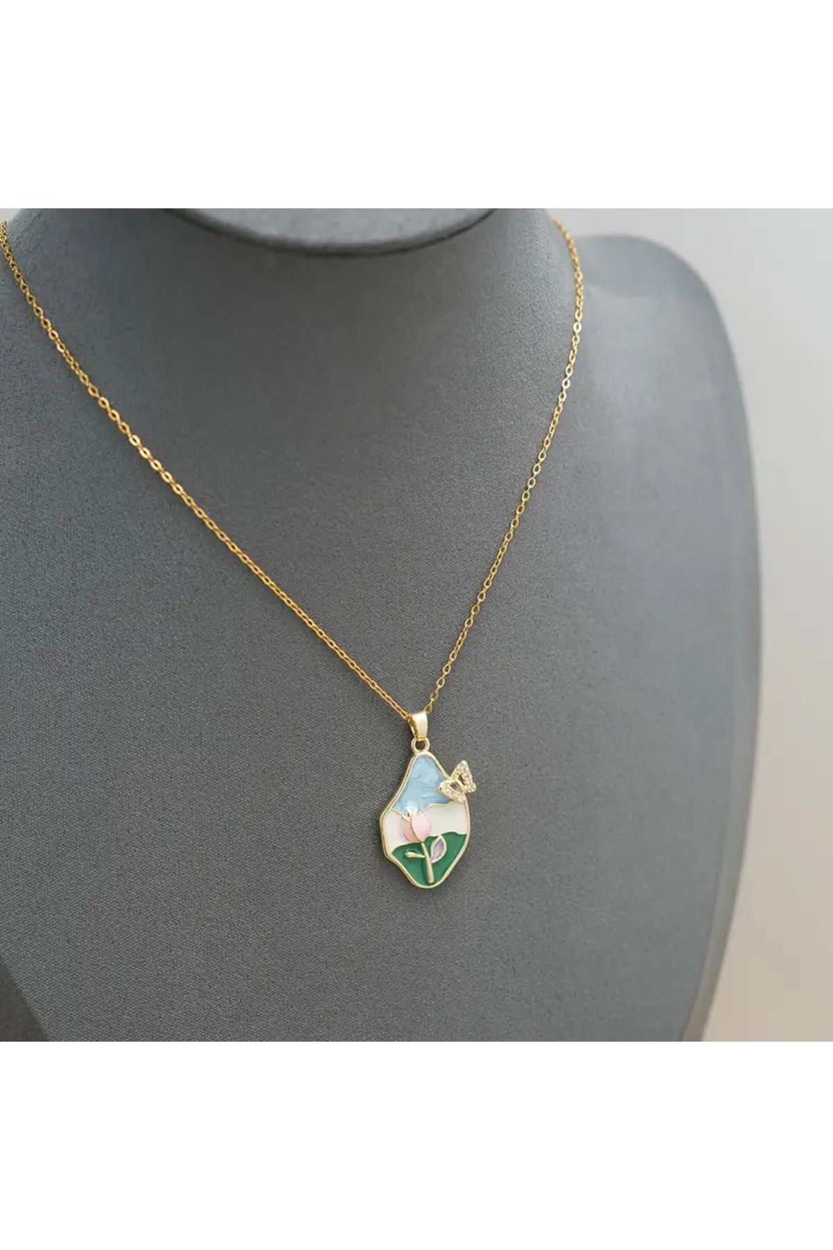 Finesa Jewelry Art Serisi,Zirkon Taşlı Kelebek ve Mine Detaylı, Lale Model,Kararmayan Çelik Kolye