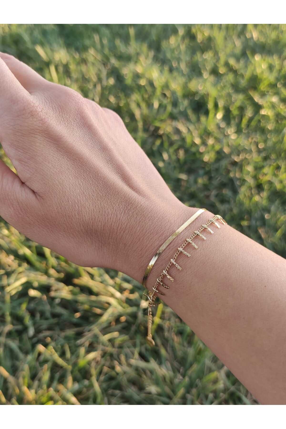 MoS JEWELLERY Paslanmaz Çelik Gold Renk Vintage ve İtalyan Model Zirkon Taş Detaylı Çift Zincir Bileklik
