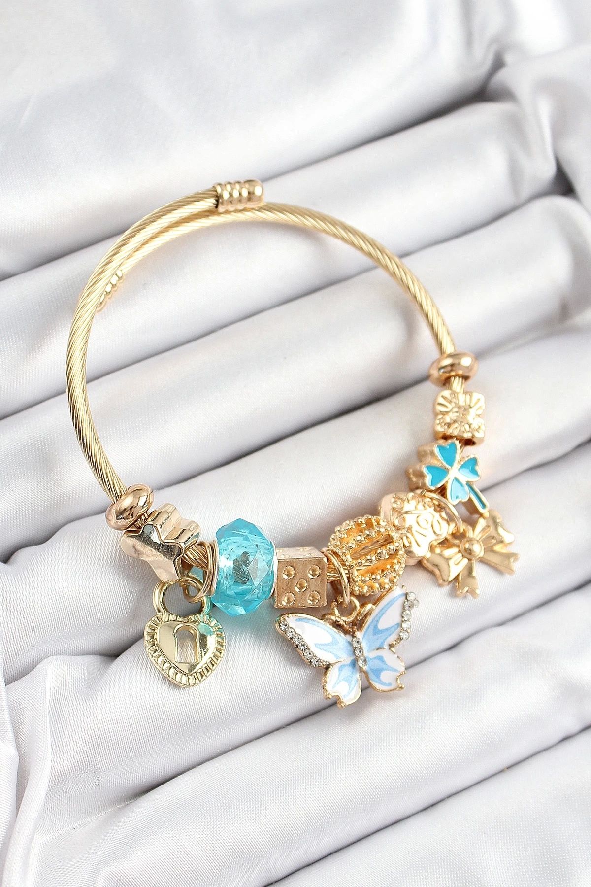 Clariss 316L Çelik Mavi Zirkon Taşlı Kelebek Fiyonk Ve Kilit Model Gold Renk Charm Bileklik