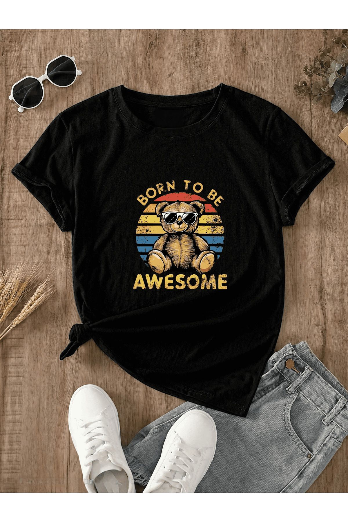 ELNOYA Unisex Pamuklu Oversize "Born To Be Ousome" Baskılı Bisiklet Yaka Rahat T-shirt