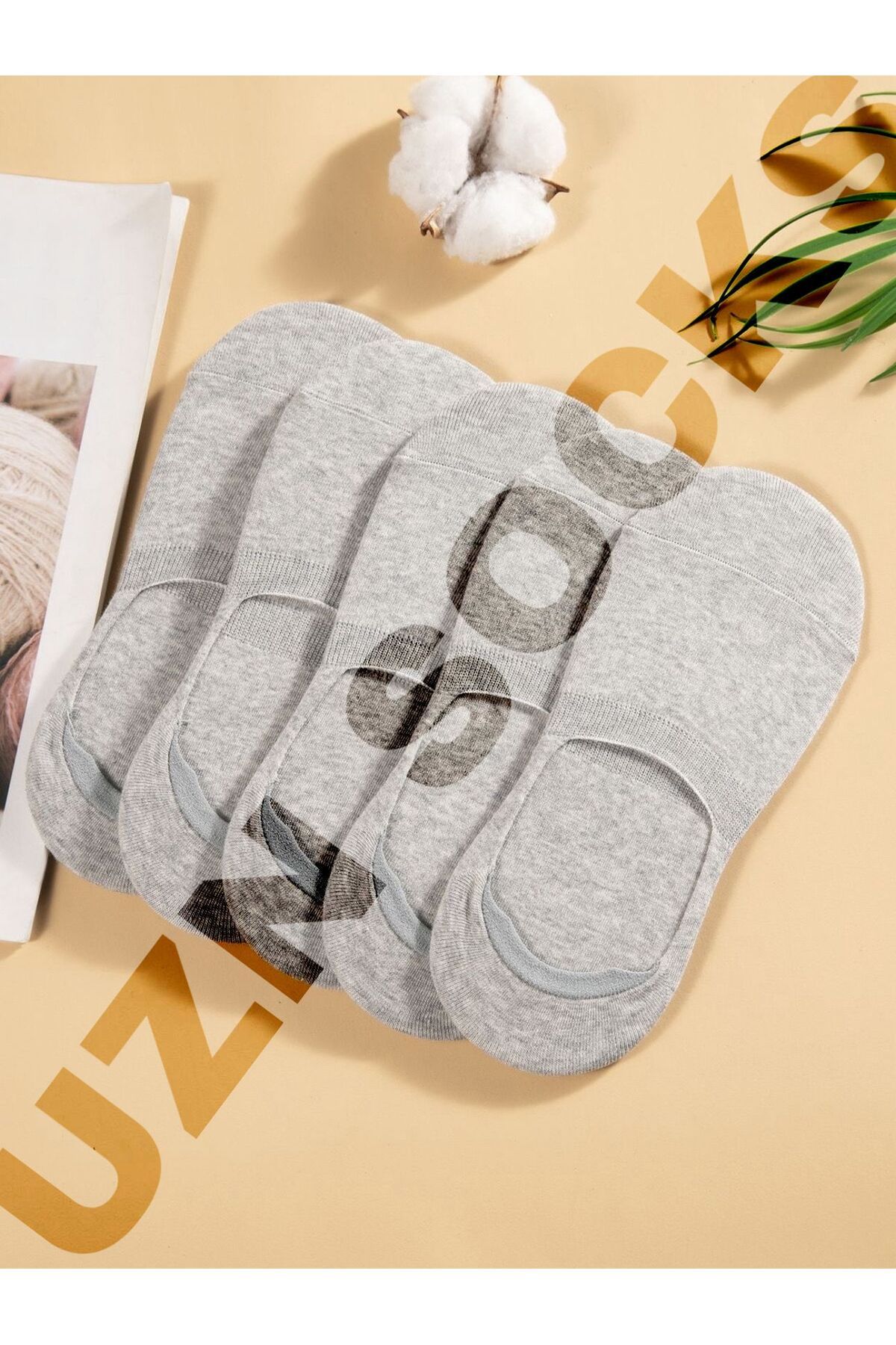 UZN SOCKS 5’li GRİ Dikişsiz Pamuklu Silikonlu Kaymaz Babet Çorap | Terletmez - İz Yapmaz