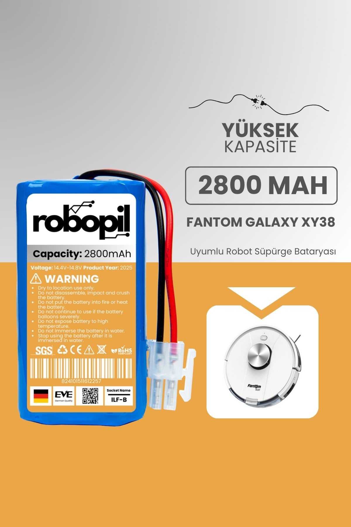 ROBOPİL Fantom Galaxy XY38 Pil Batarya [Yüksek Kapasite] 2800mah Akıllı Robot Süpürge Bataryası
