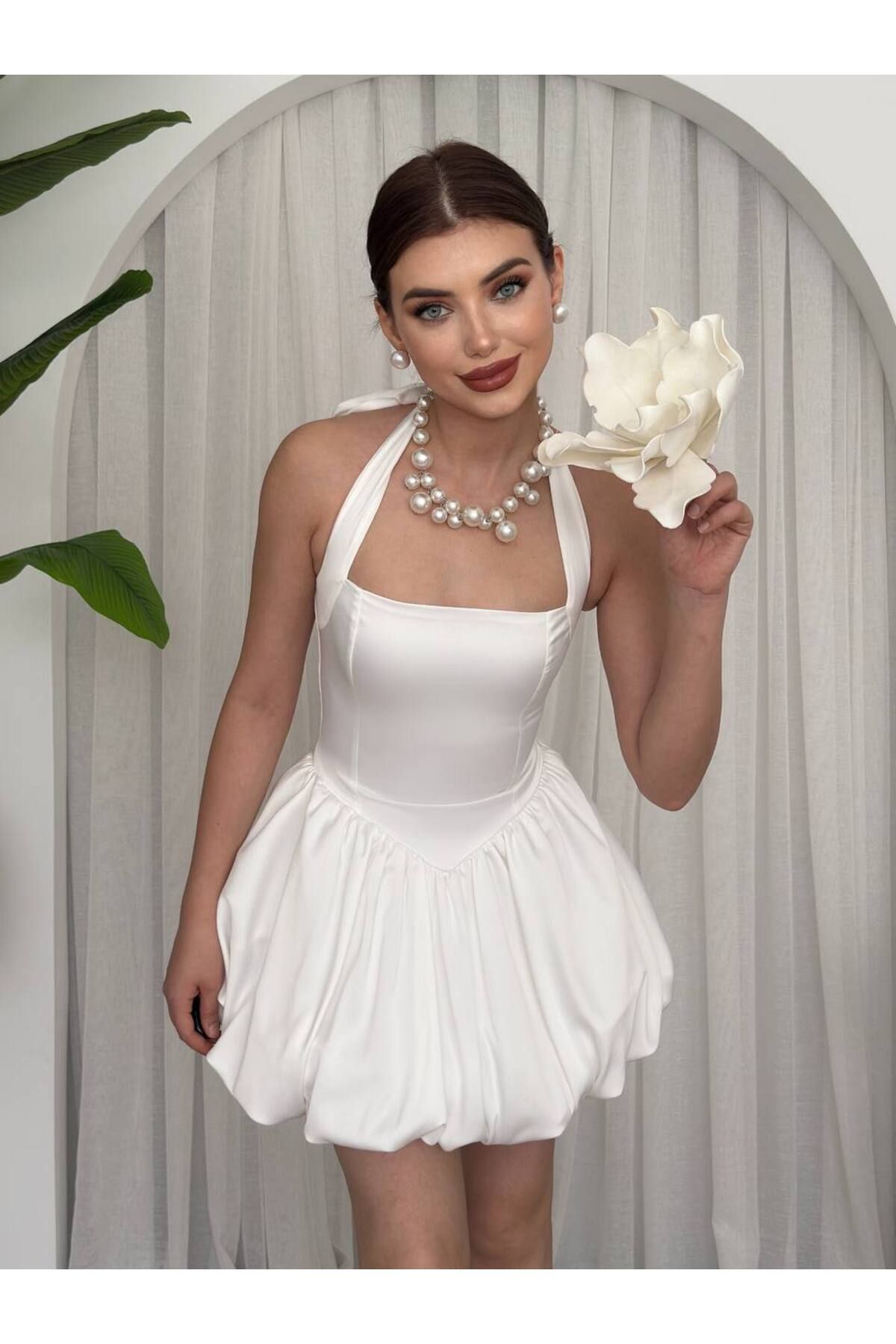 ETİKAFASHION Saten Tasarım Balon Etek Boyundan Bağlamalı Kadın Mini Elbise