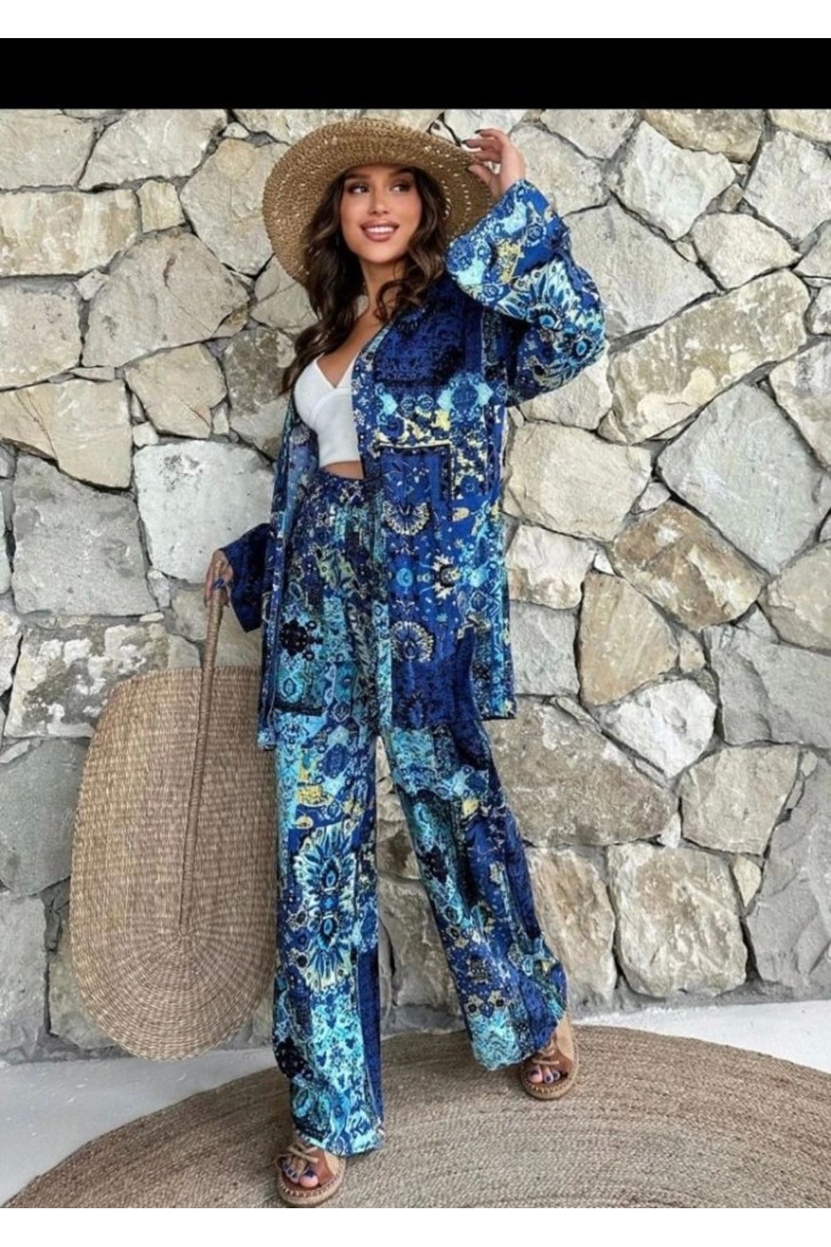 buHillco Kadın Mavi Kilim Desenli Kimono Pantolon Takım